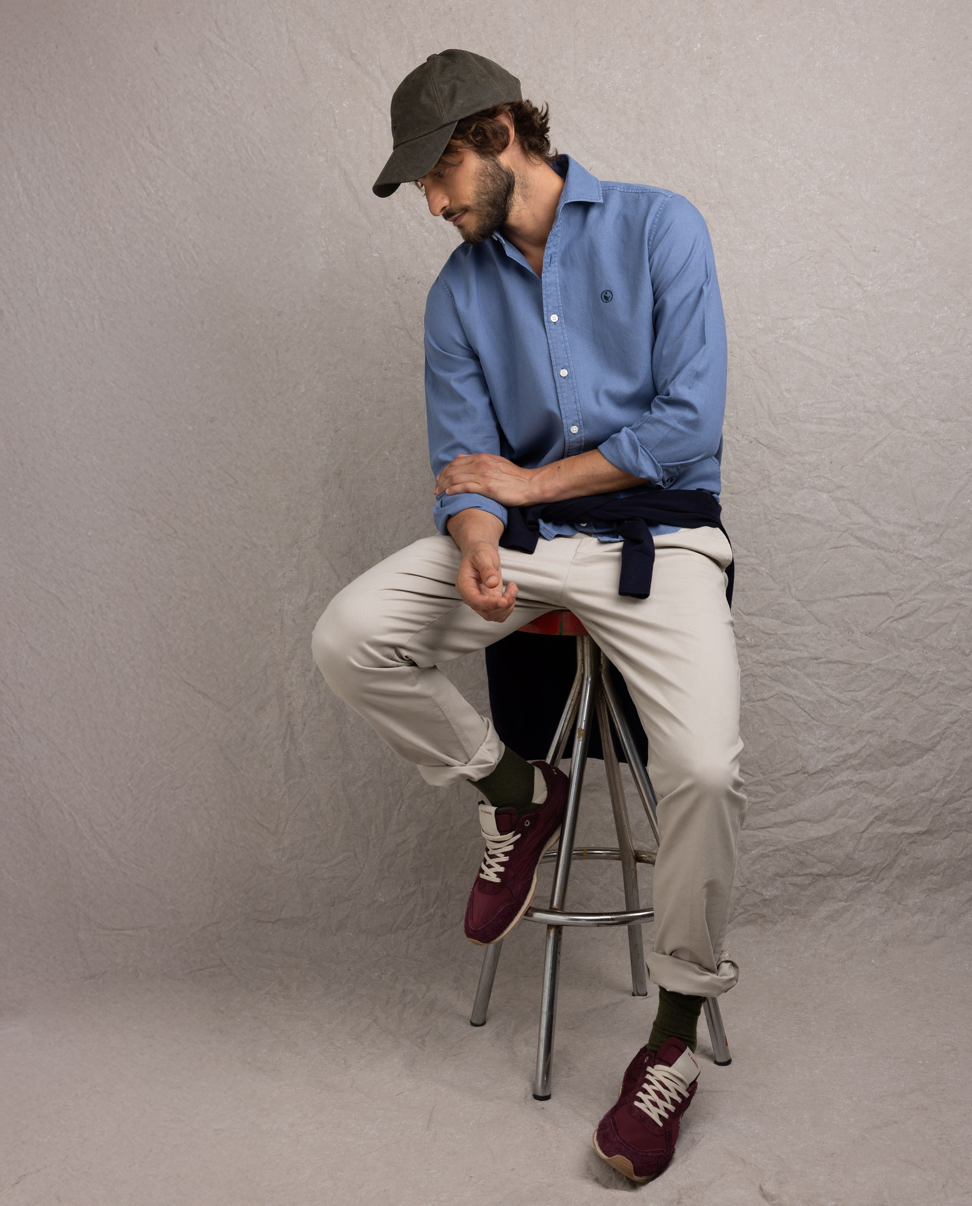 Camisa Lino Algodón Cuello Italiano Azul