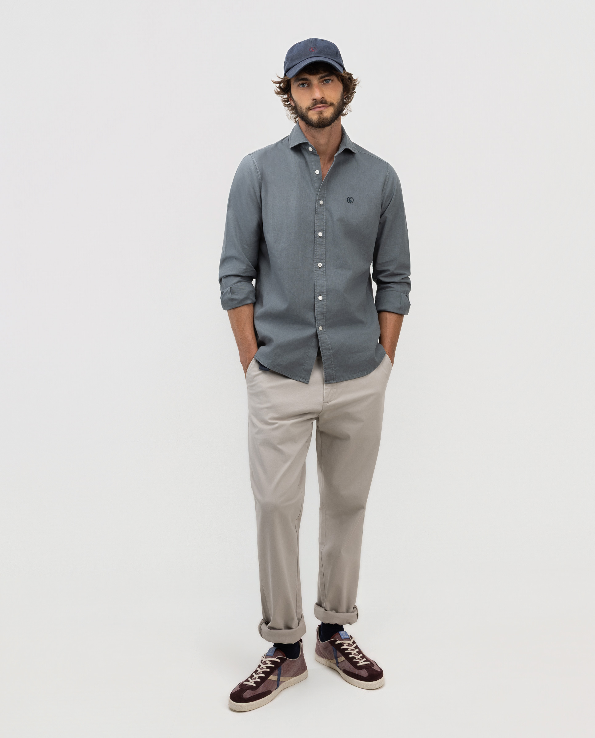 Camisa Lino Algodón Cuello Italiano Verde Oscuro