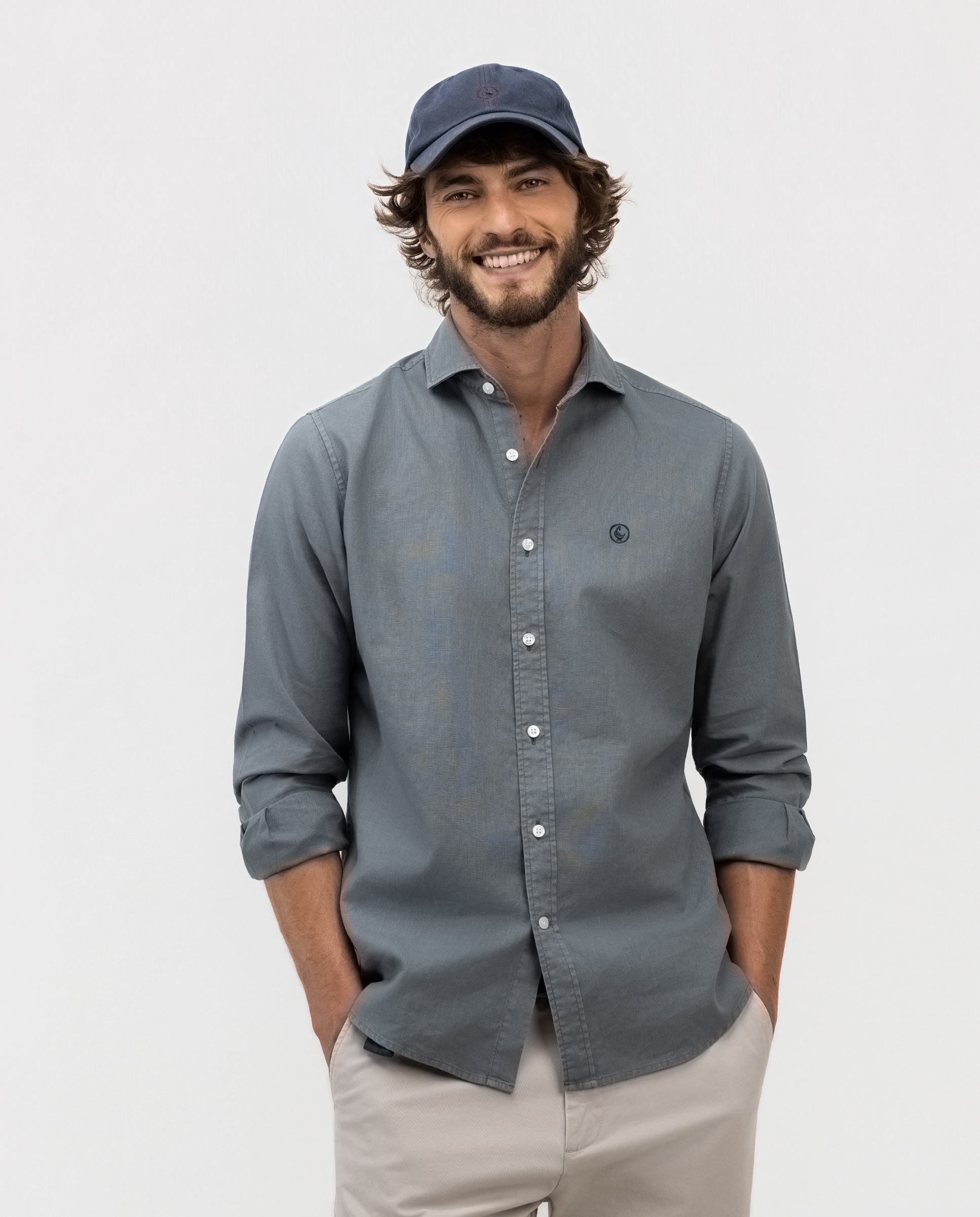 Chemise vert foncé en lin et coton à col italien