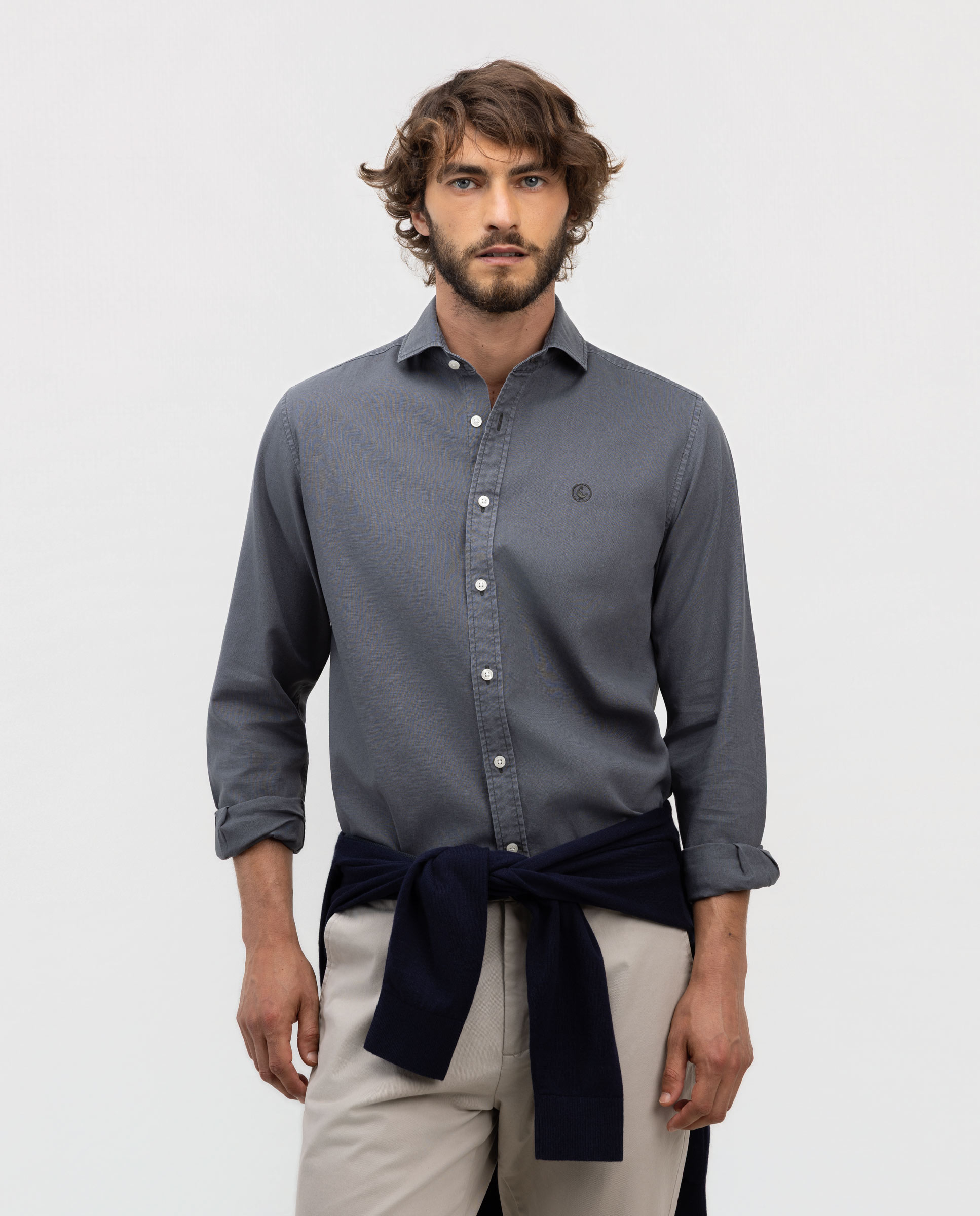 Camisa Lino Algodón Cuello Italiano Gris