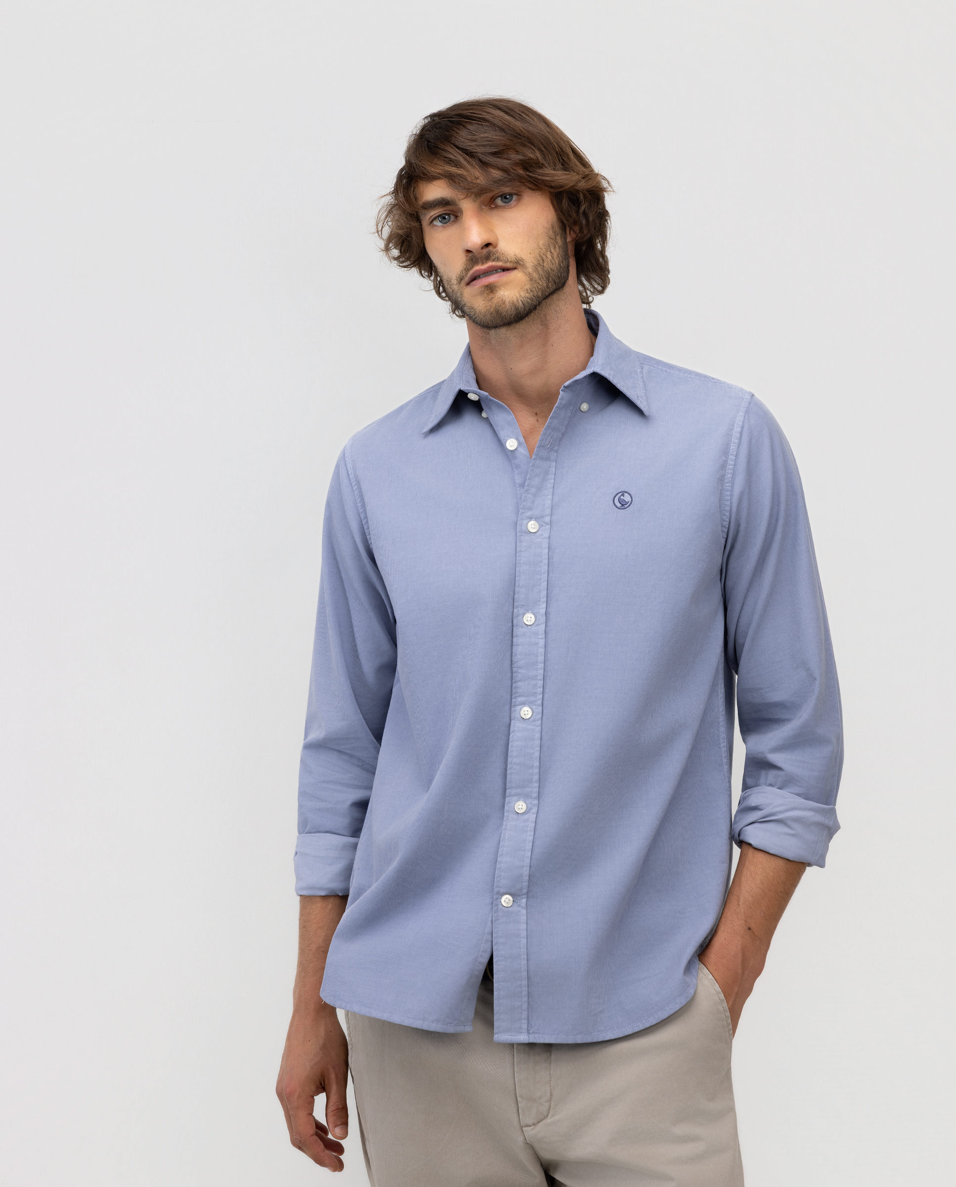 Garment Dyed Button Down Light Blue Corduroy Shirt
