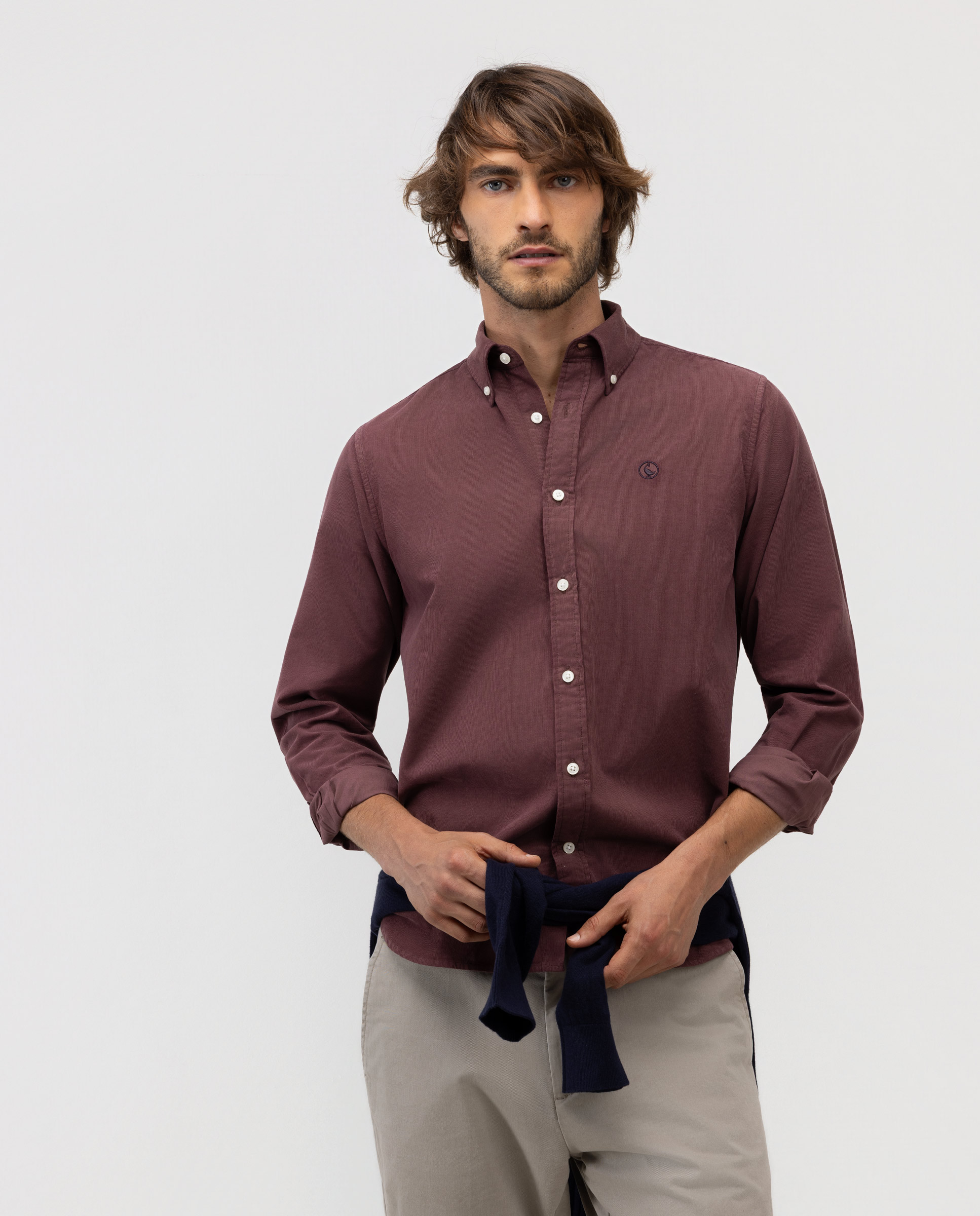 Garment Dyed Button Down Maroon Corduroy Shirt