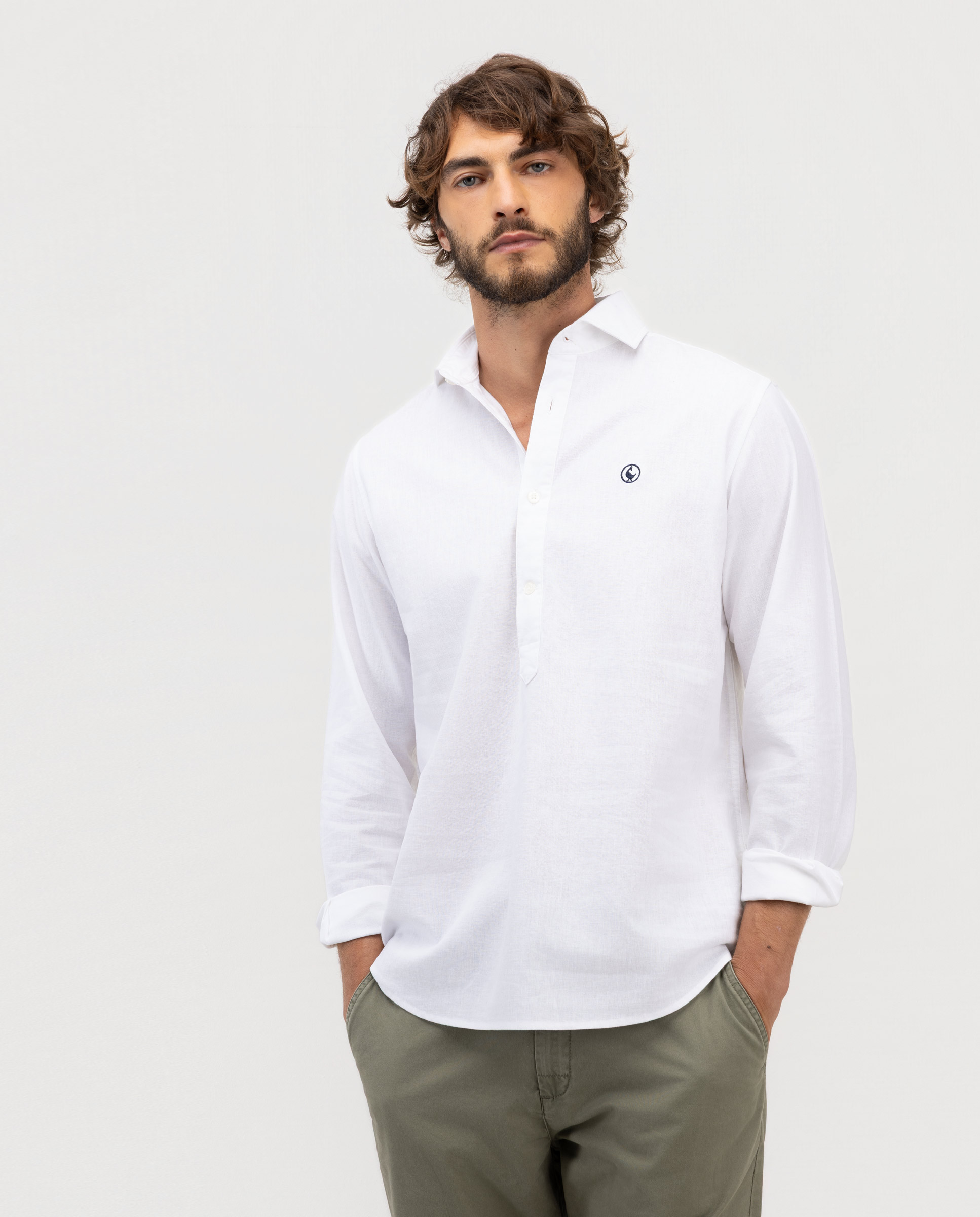 Camisa Polera Algodón Lino Cuello Italiano Blanco