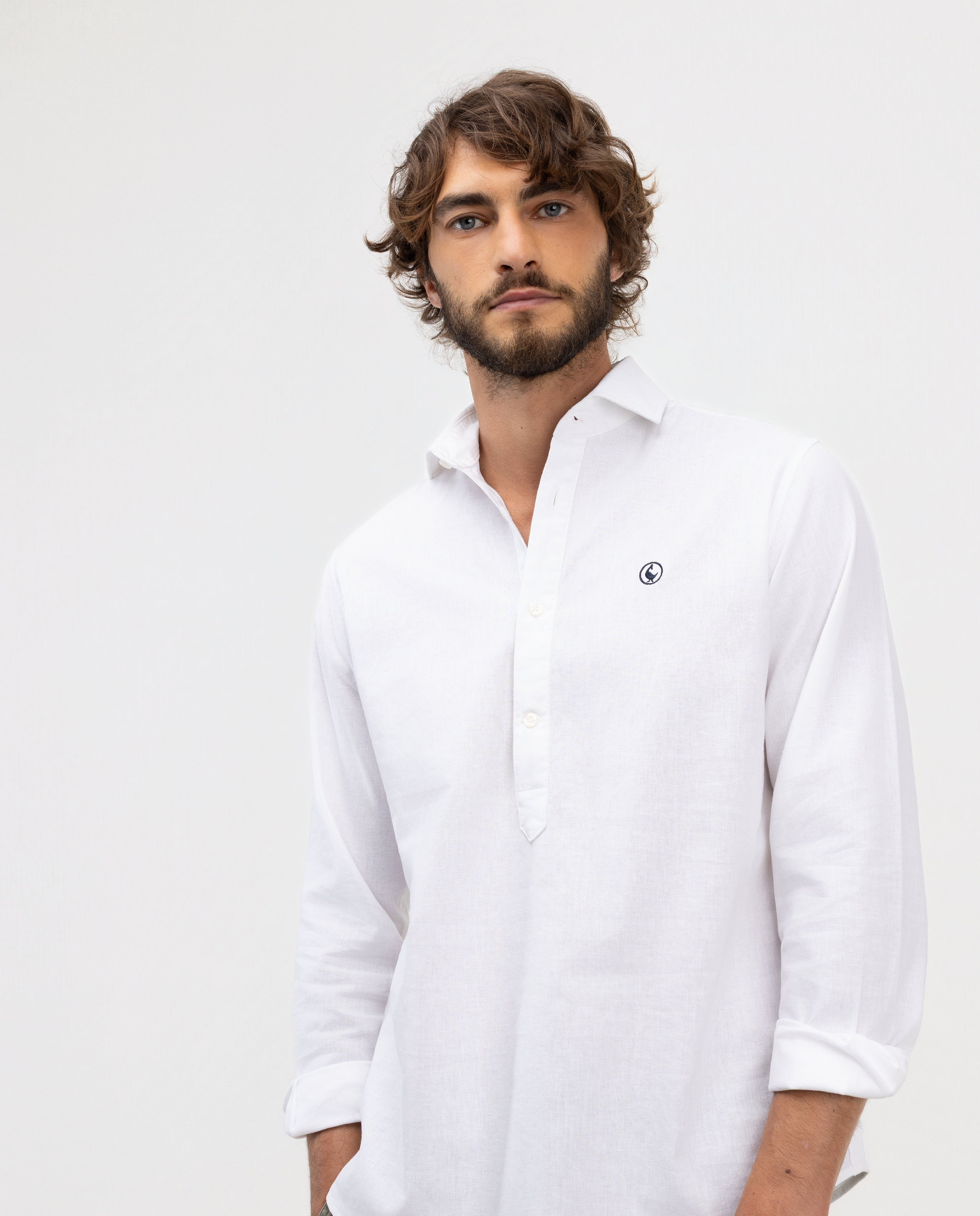 Polo blanc en coton et lin à col italien
