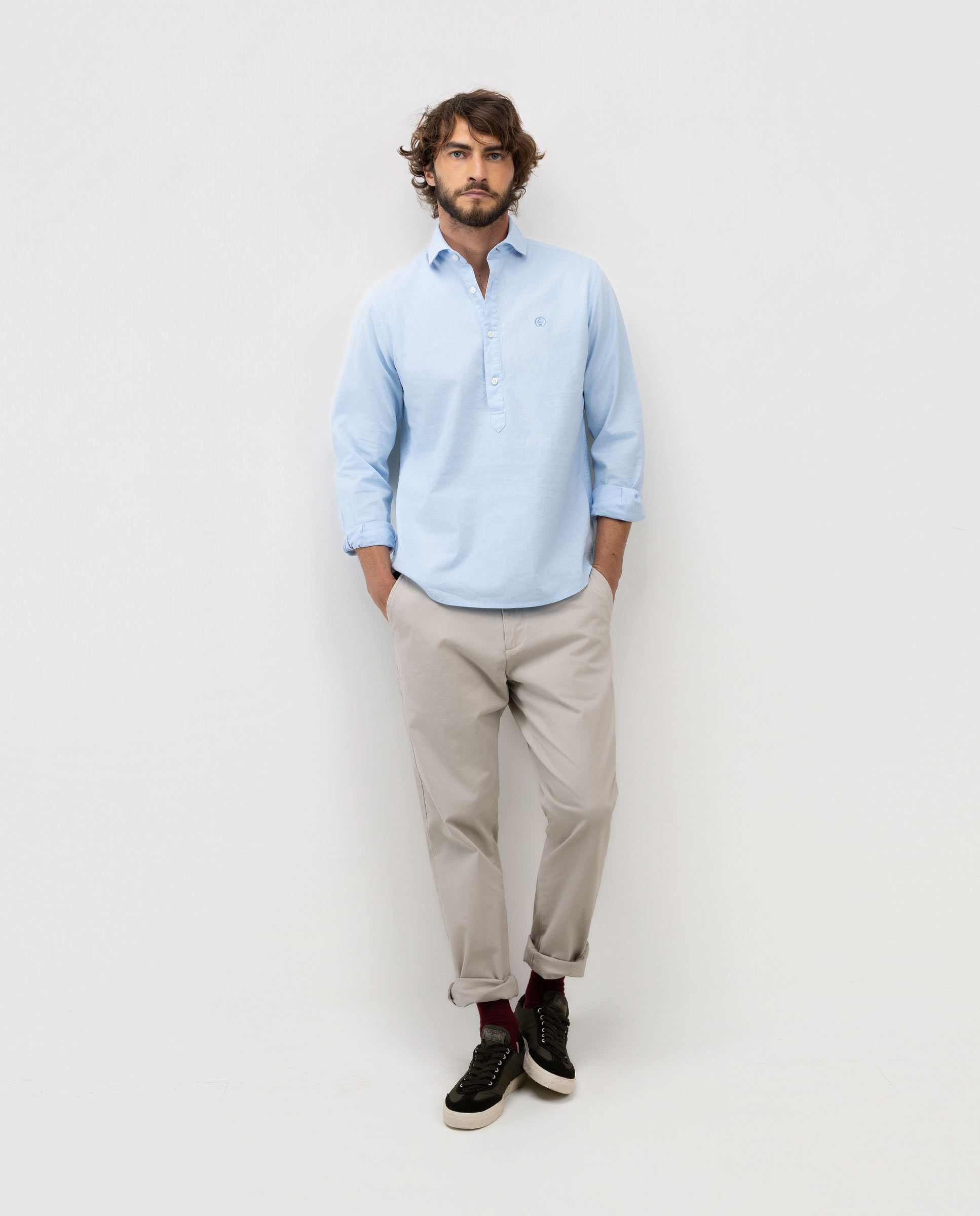 Camisa Polera Algodón Lino Cuello Italiano Celeste