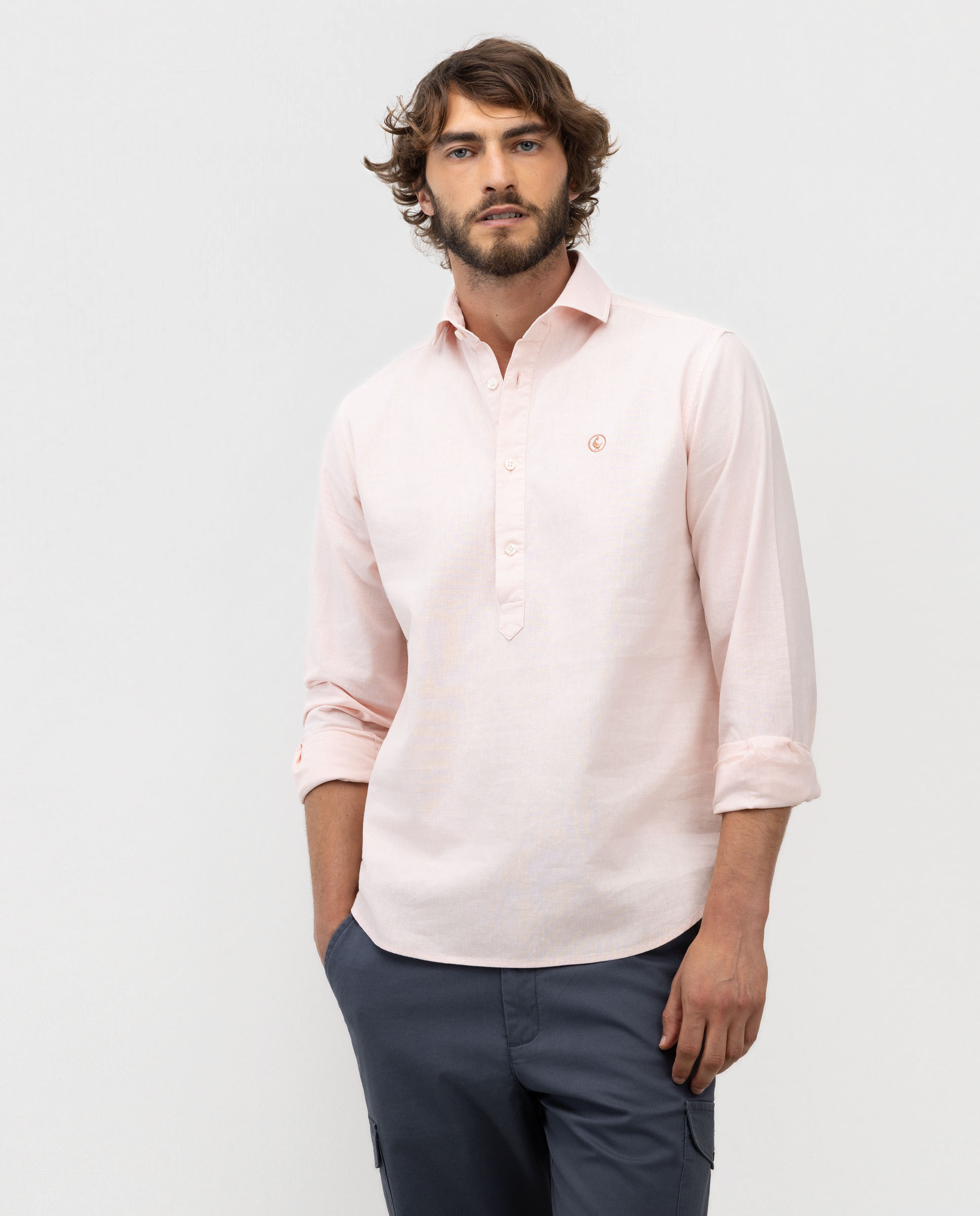 Camisa Polera Algodón Lino Cuello Italiano Granate