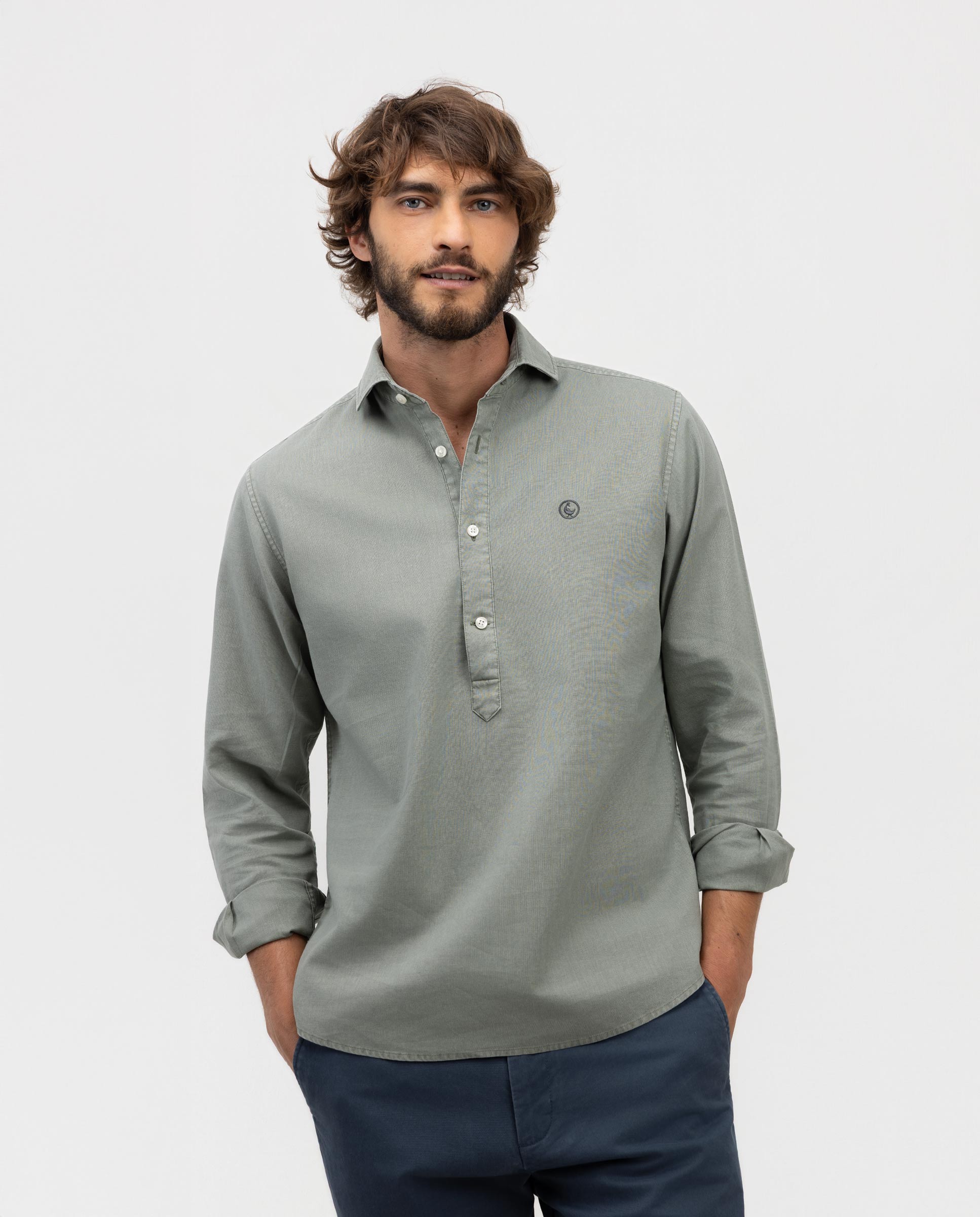 Camisa Polera Algodón Lino Cuello Italiano Verde