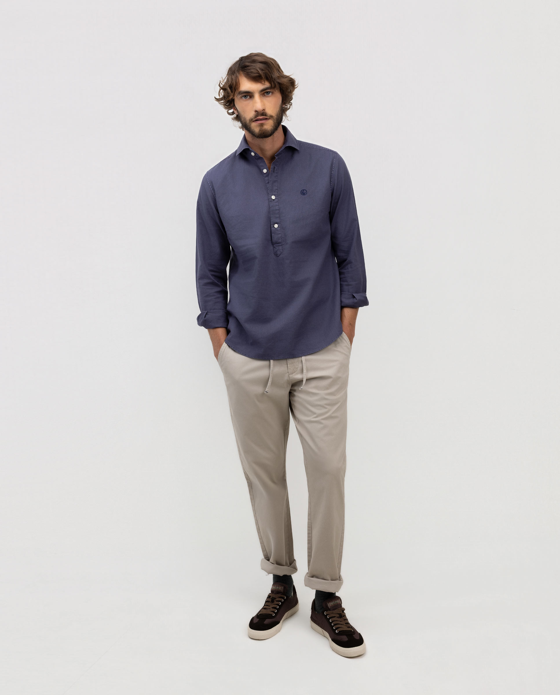 Camisa Polera Algodón Lino Cuello Italiano Marino