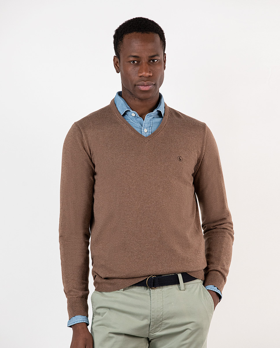 Brown V-Neck Jumper W Elbow Patches  