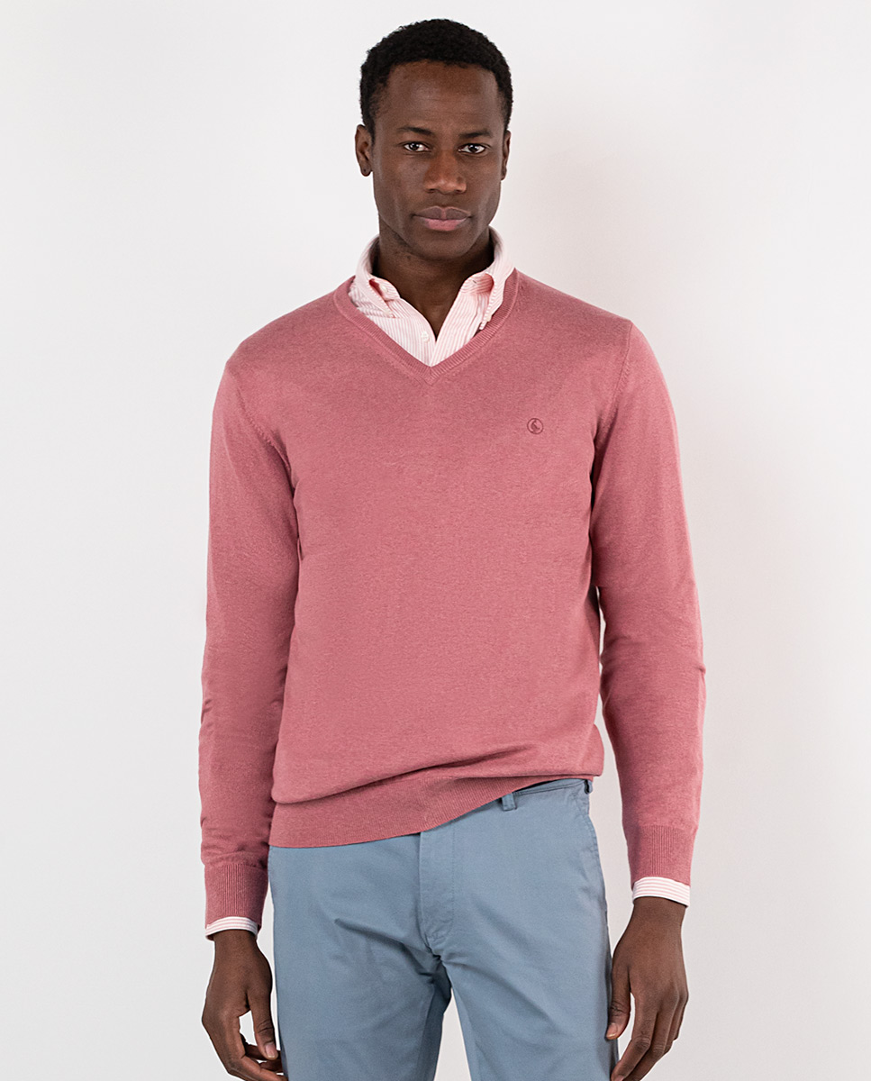 Suéter com decote em V com remendos de cotovelo rosa