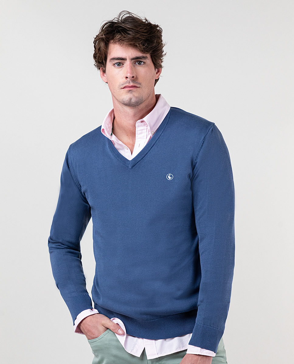 Jersey Cuello Pico Garment Dyed Azul
