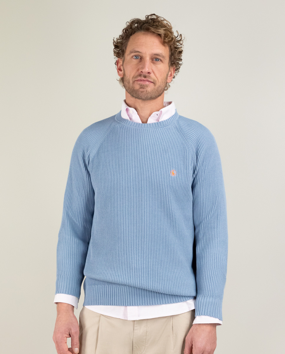 Suéter de malha azul médio inglês