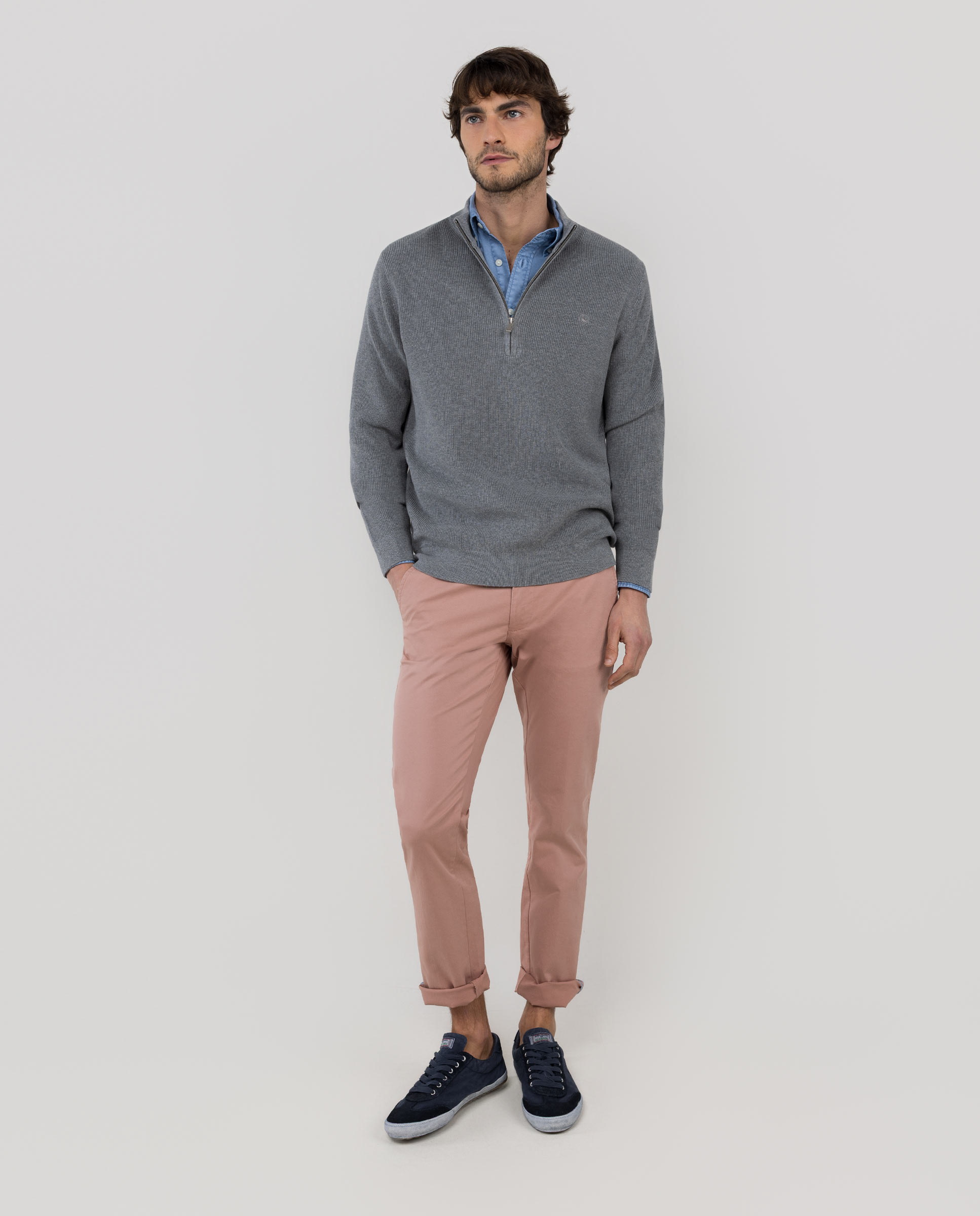 Jersey Punto Inglés Punto Cremallera Gris