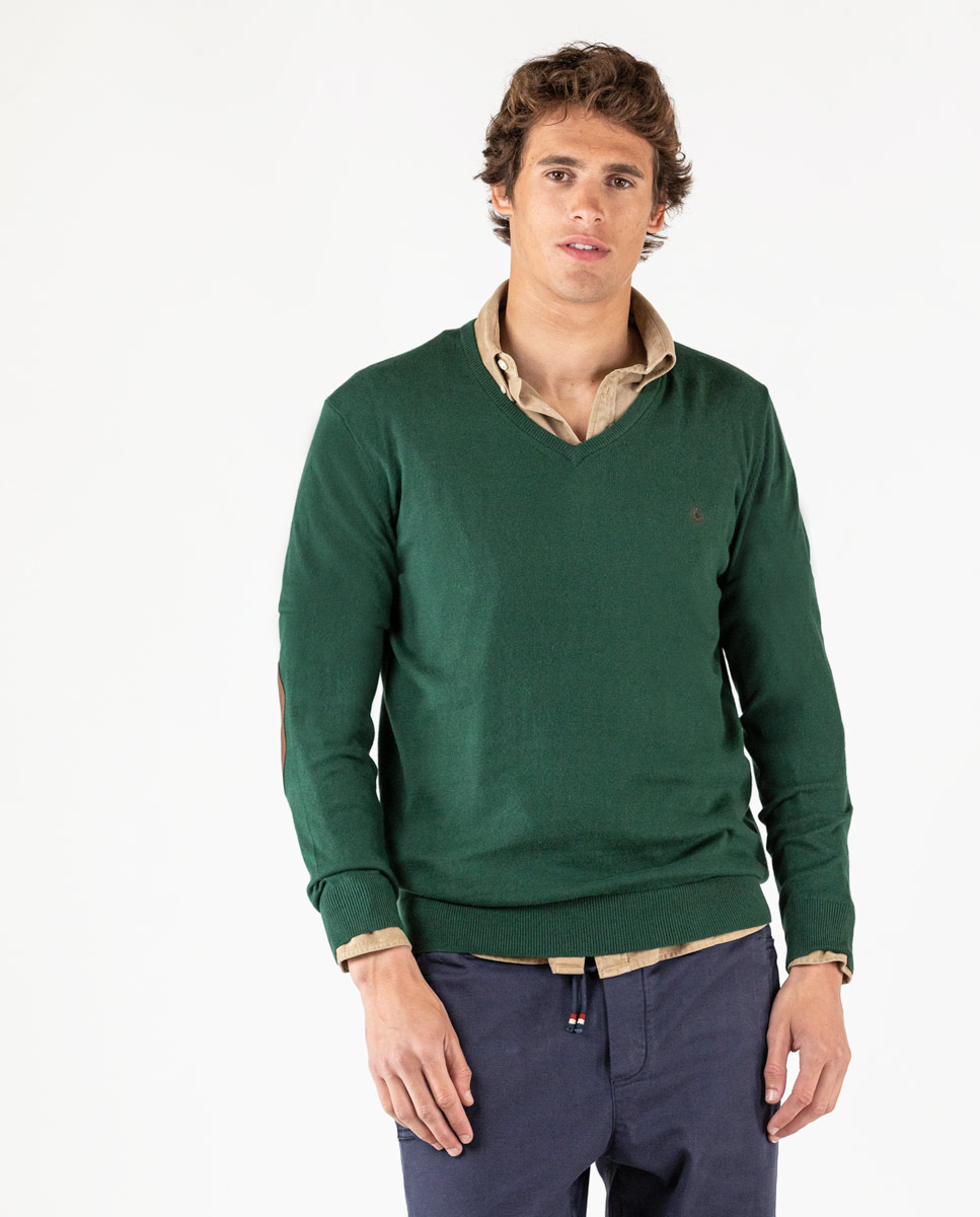Suéter com decote em V garrafa verde cotoveleiras