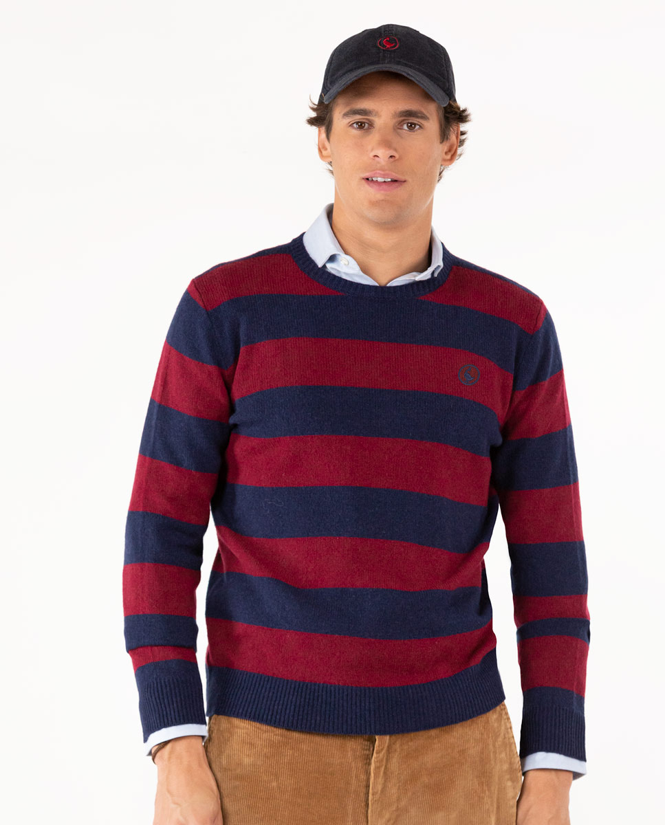 Suéter decote careca marinho com lista Borgonha