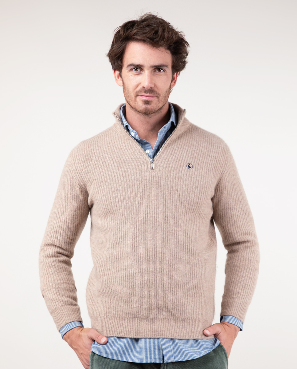 Jersey Punto Inglés Cuello Cremallera Beige