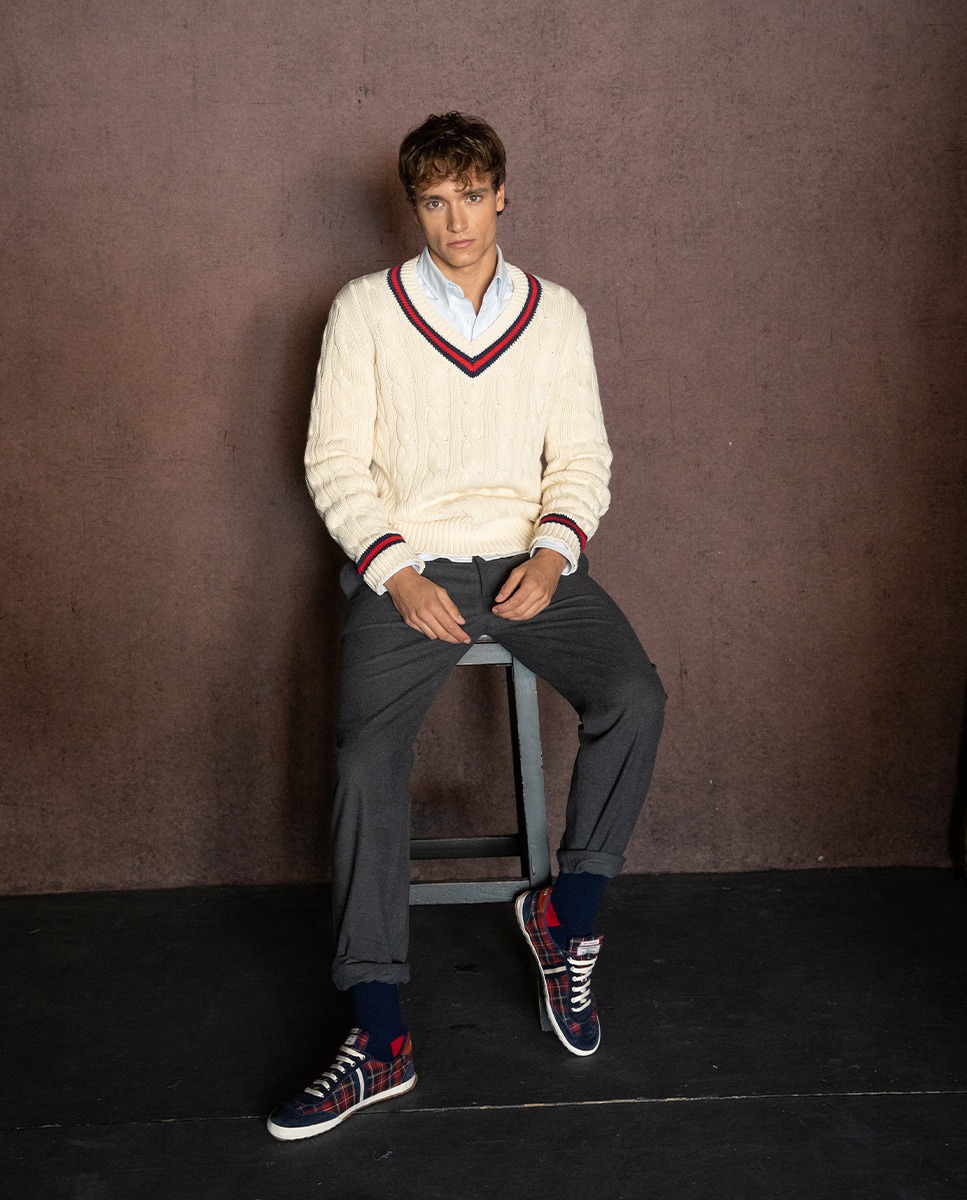 Cream Cable Knit Jumper W Contrasting Piping