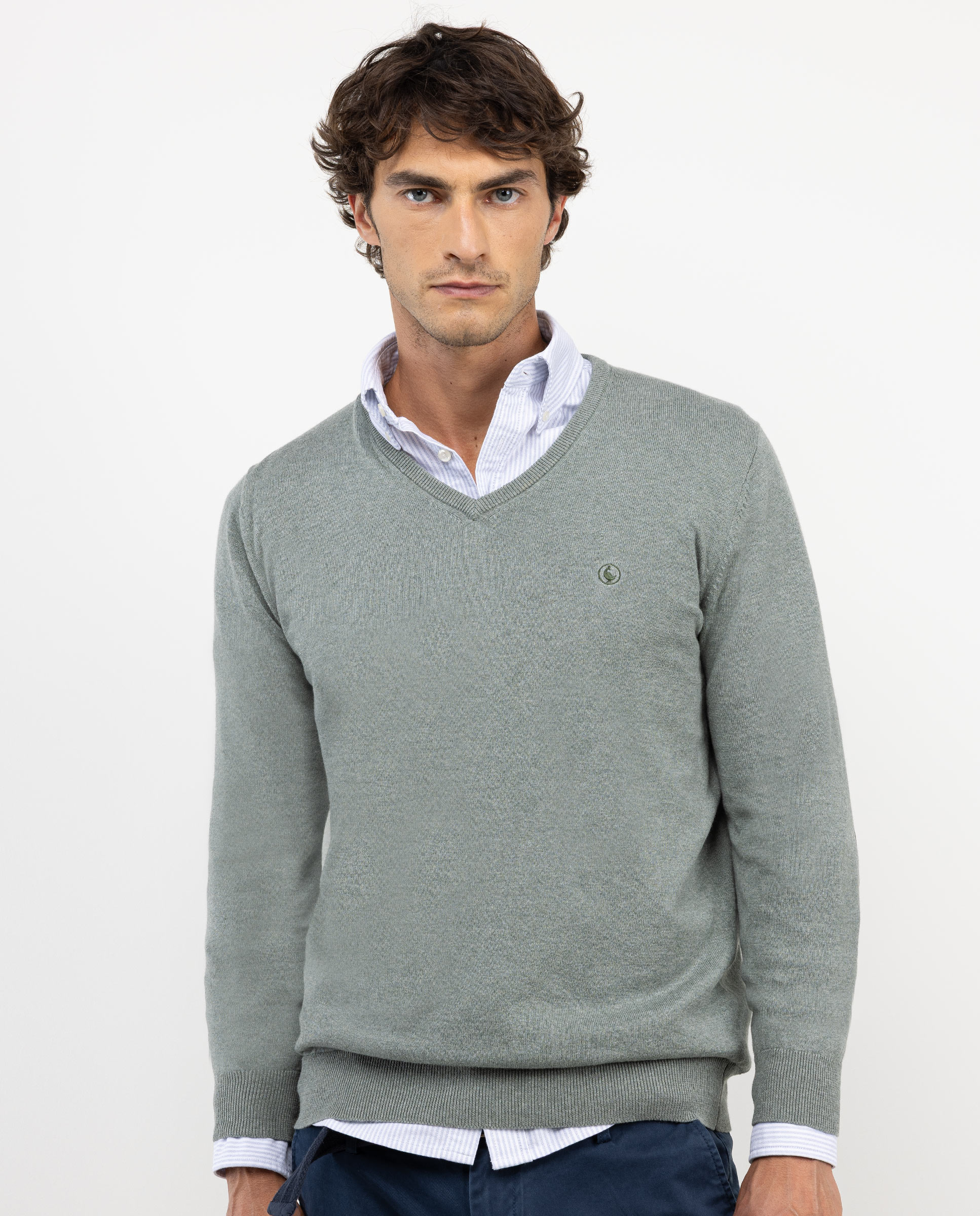 Jersey Cuello Pico Coderas Verde Líquen