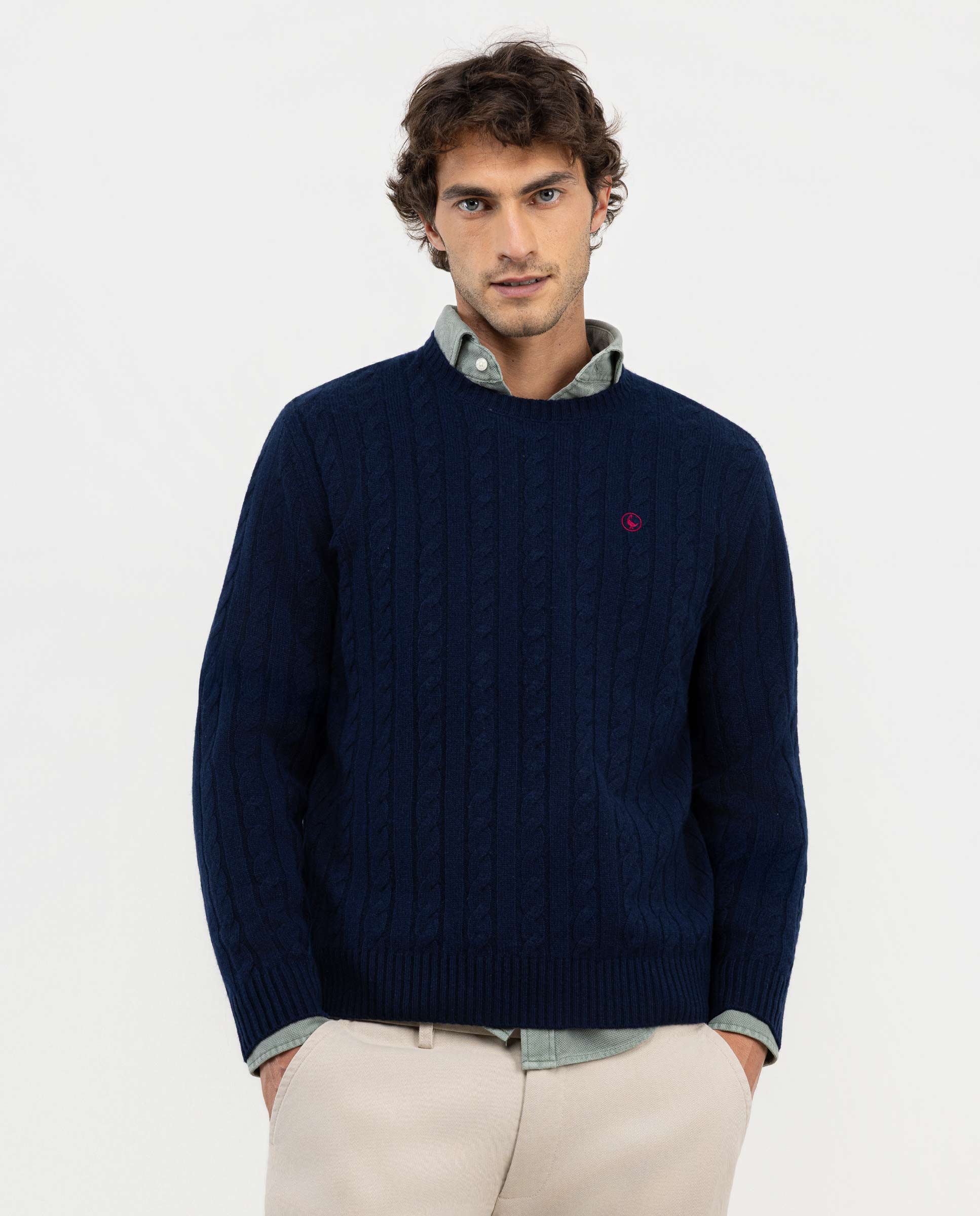 Navy Cable Knit Jumper W Crew Neck