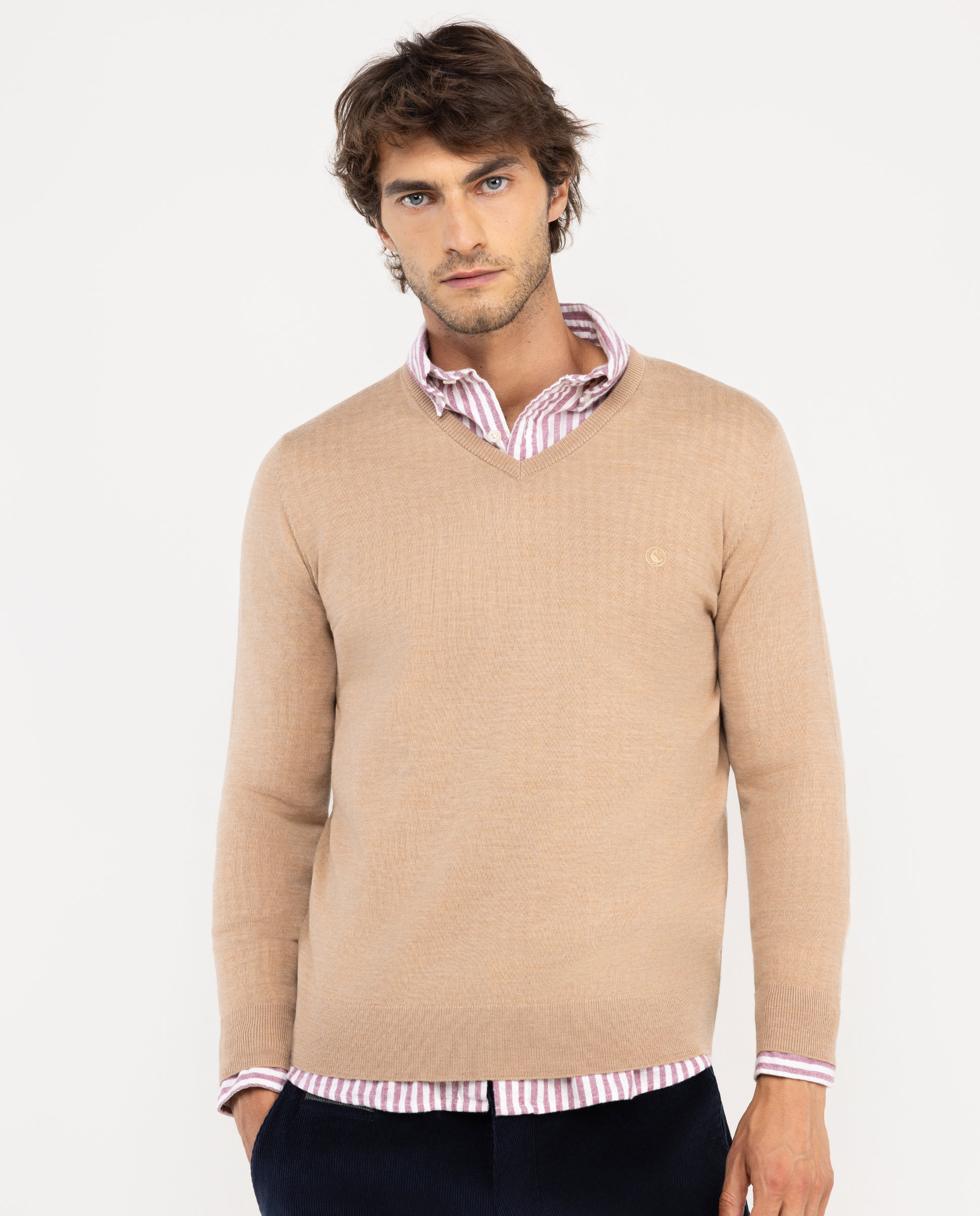 Beige Merino Jumper W V-neck