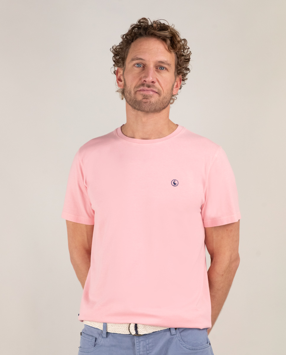 Camiseta gola redonda tingida em rosa