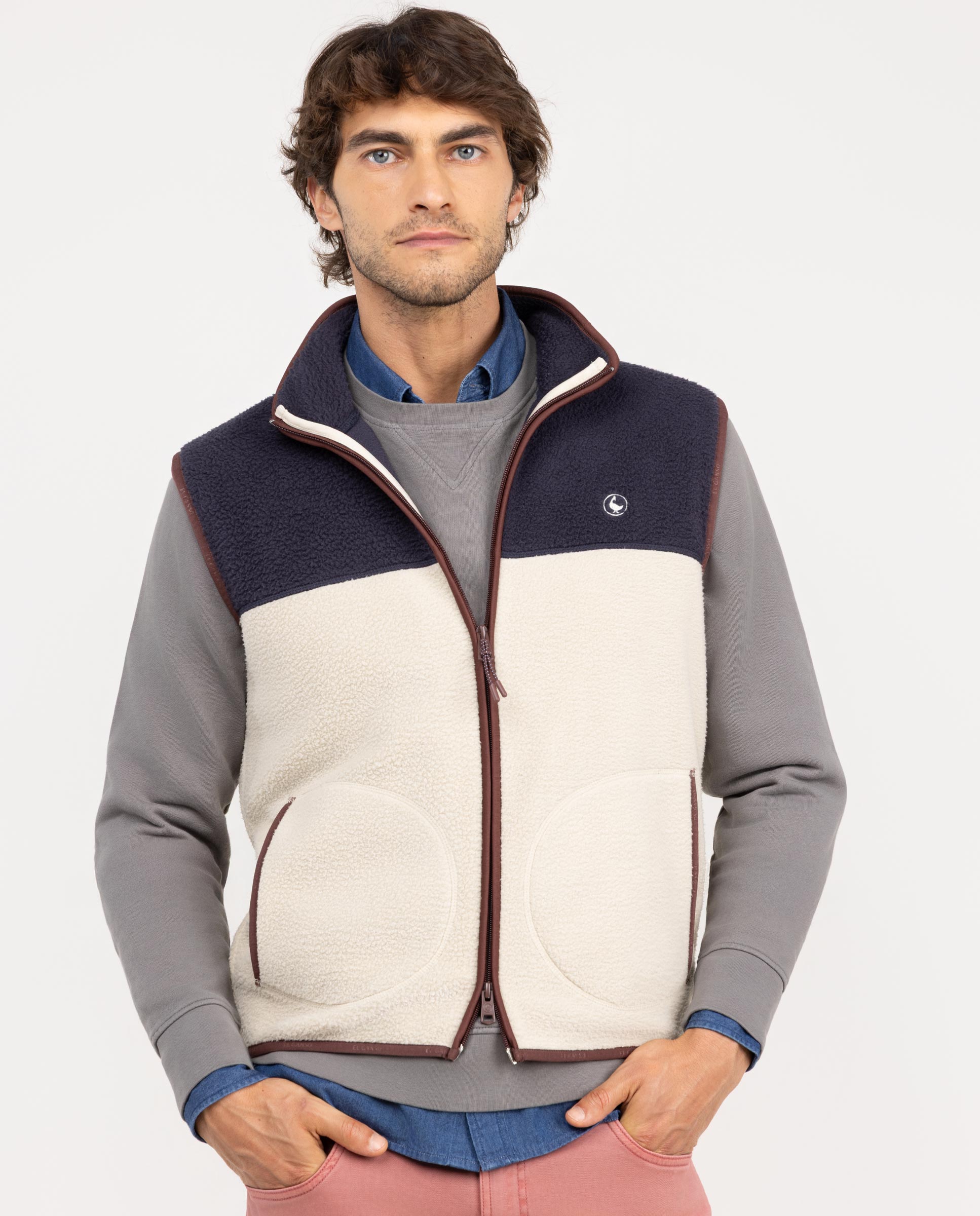 Colete Polar com Blocos de Cores Azul Marinho Cru