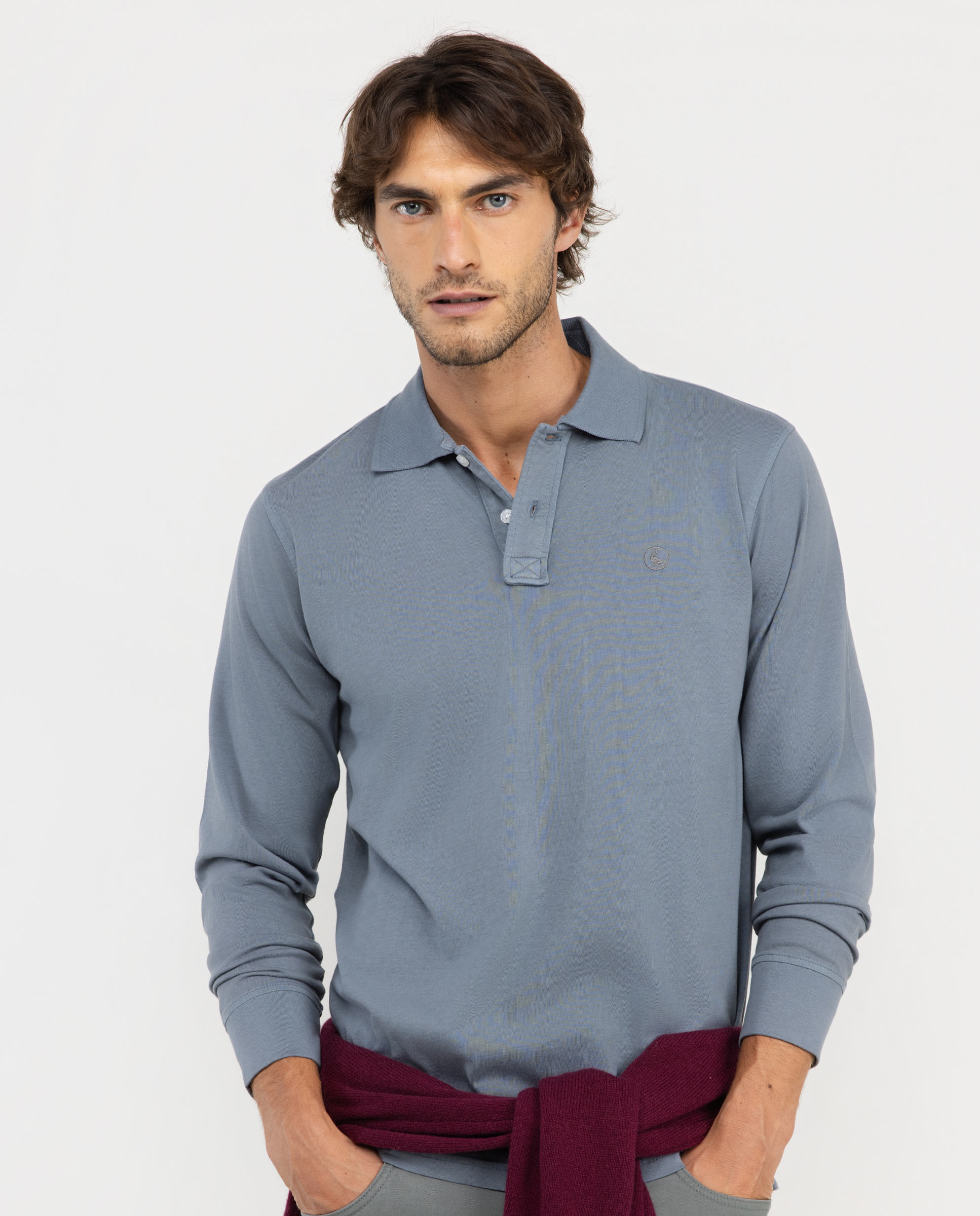 Polo Logo Bordado Manga Larga Gris