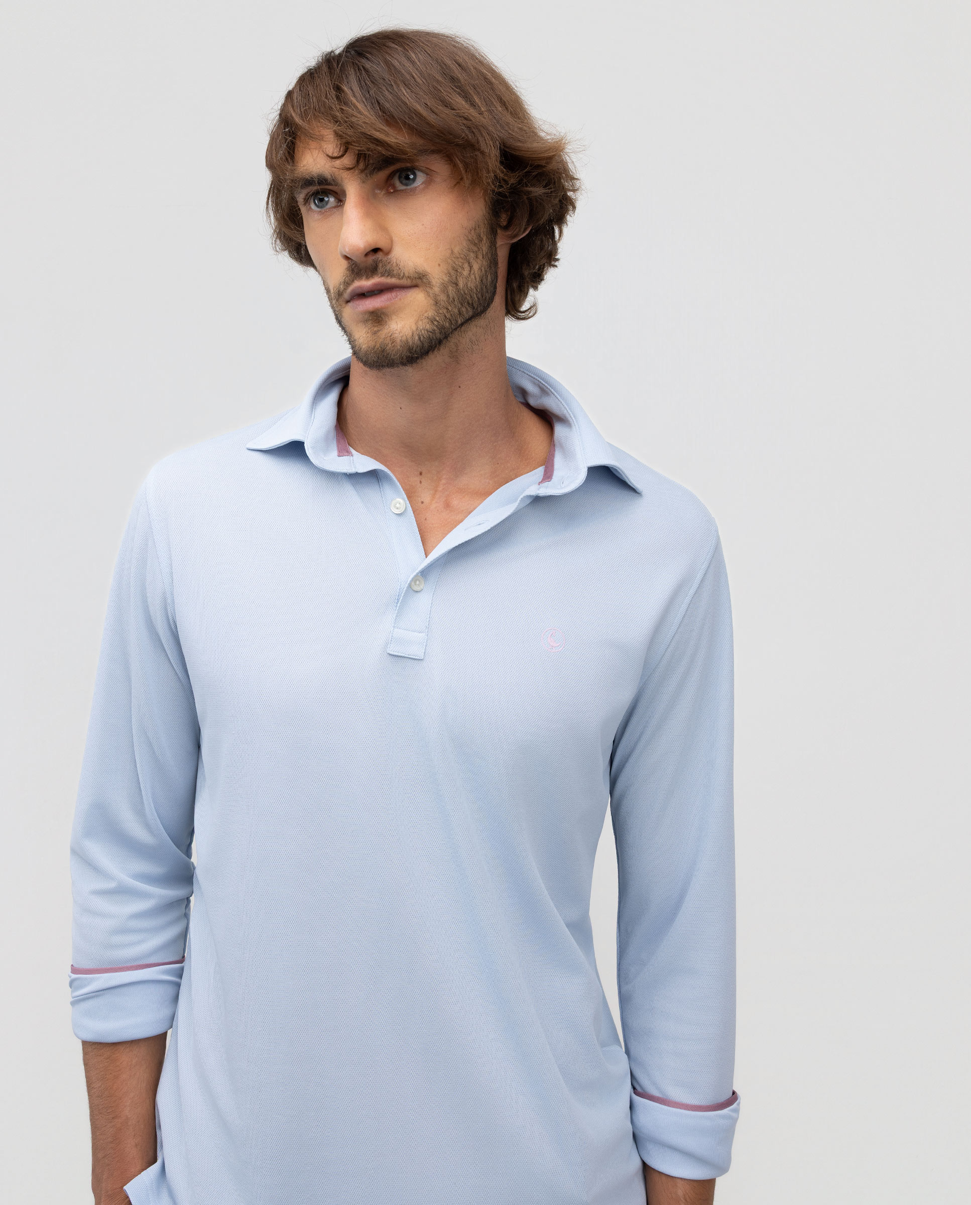 Polo bleu clair sépia à manches longues