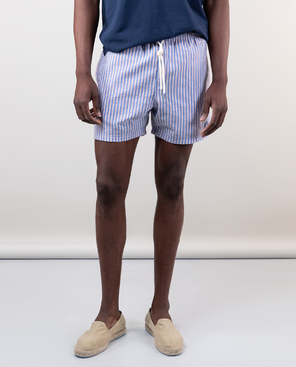 Blue Seersucker Swimsuit W Stripes