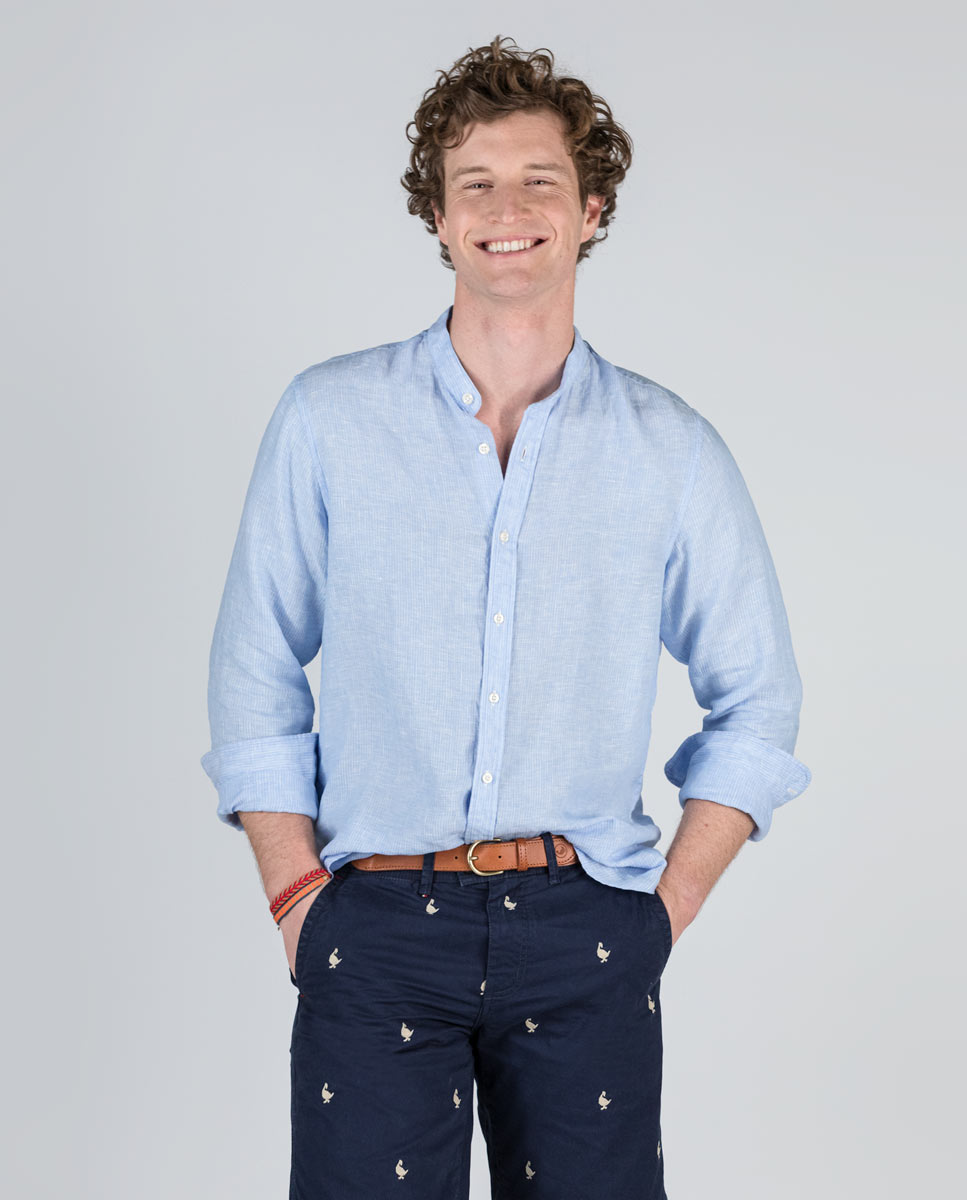 Linen Micro Stripes Shirt Blue Collar Mao