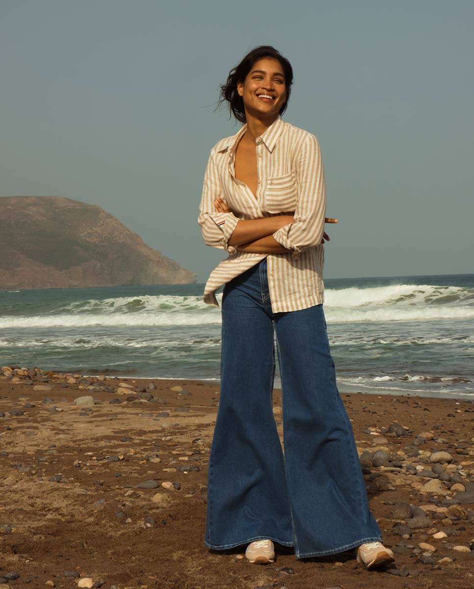 Hemd Leinen Streifen Naturfarben Sandfarben
