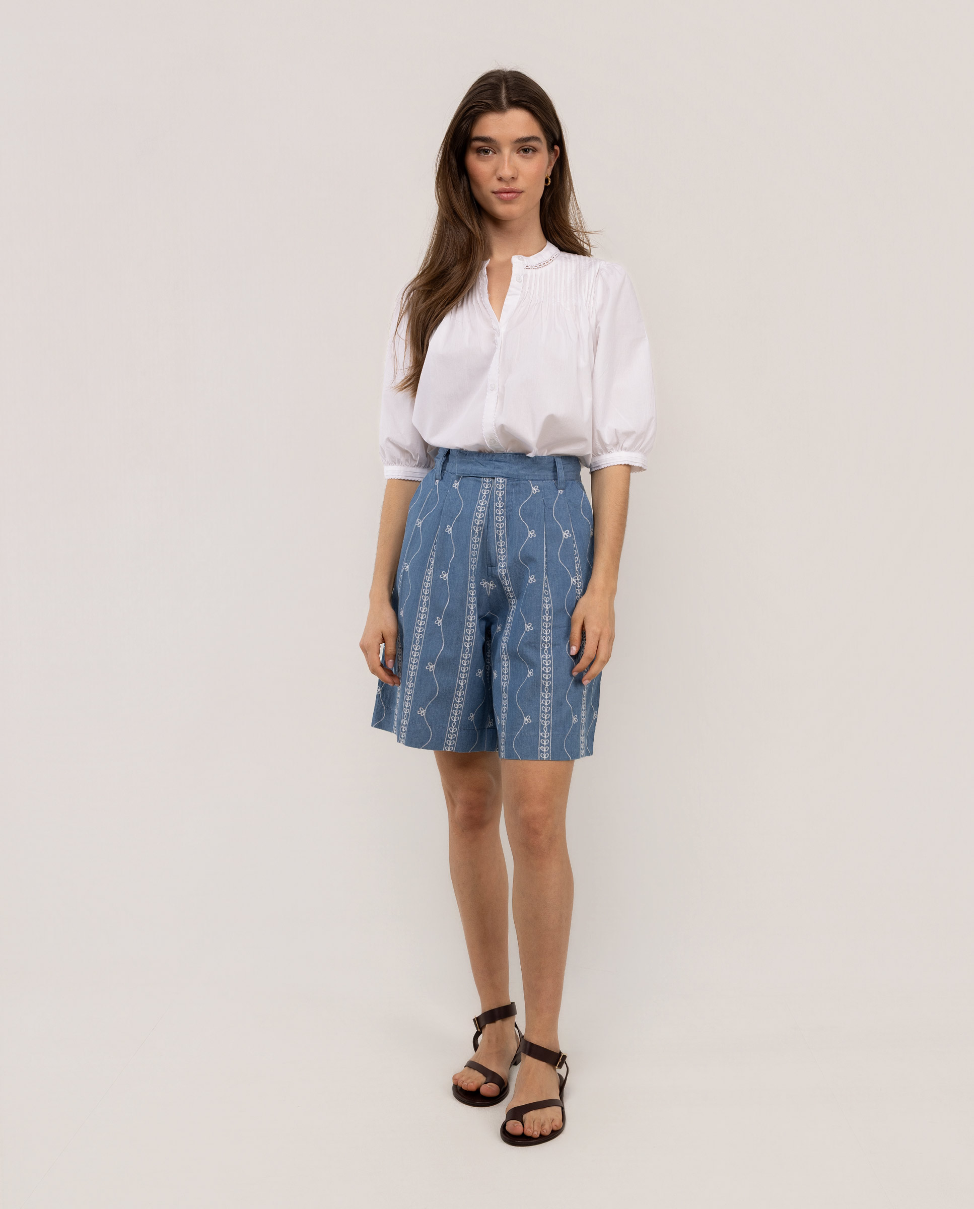 Yasmine Denim Embroidered Bermuda Shorts