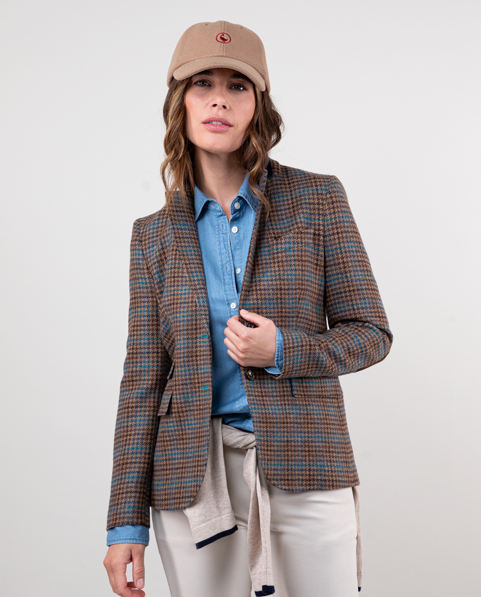 Veste Laine Pied-de-poule Marron Liseré Turquoise