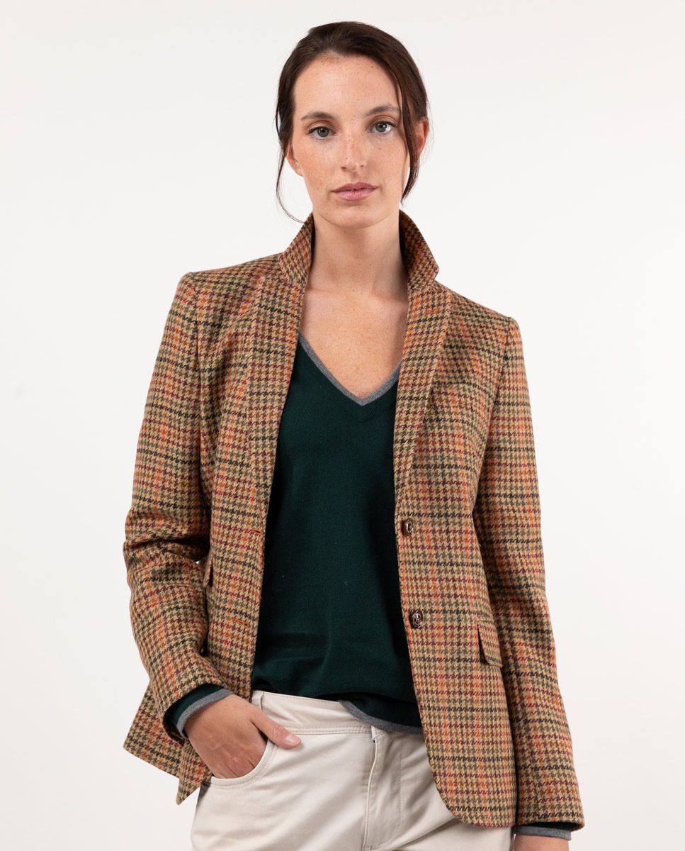 Camel Houndstooth Wool Blazer W Orange Outline