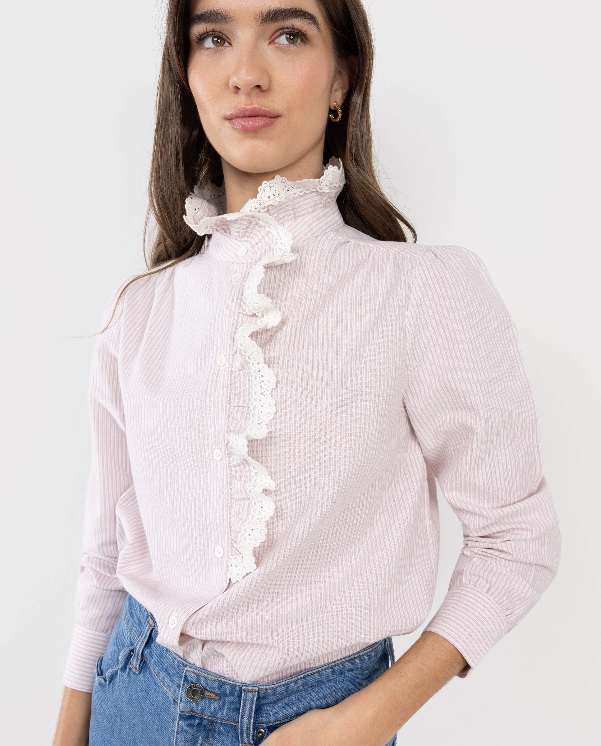 Camisa Louise com listras rosa e babados