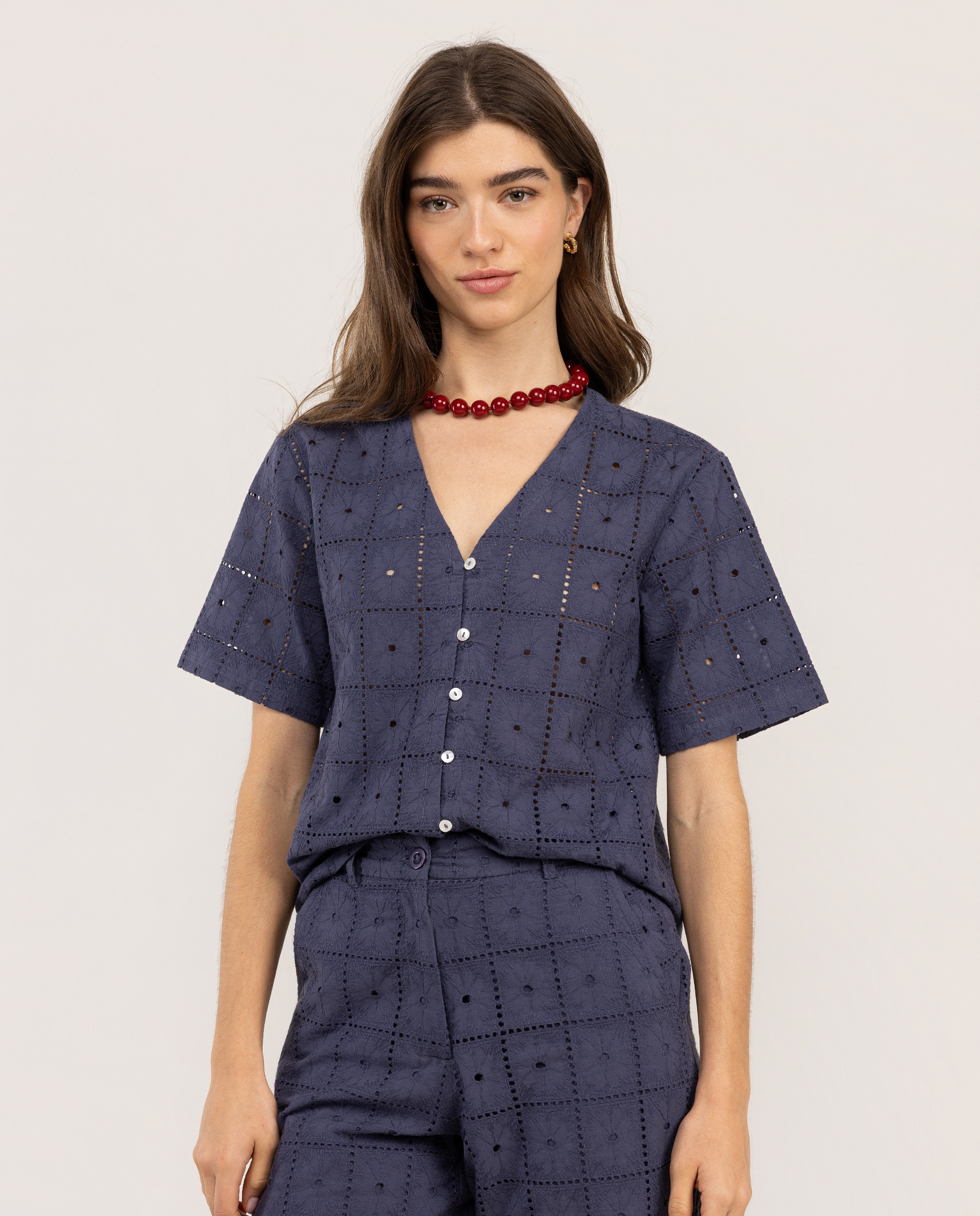 Camisa Lina Bordados Azul