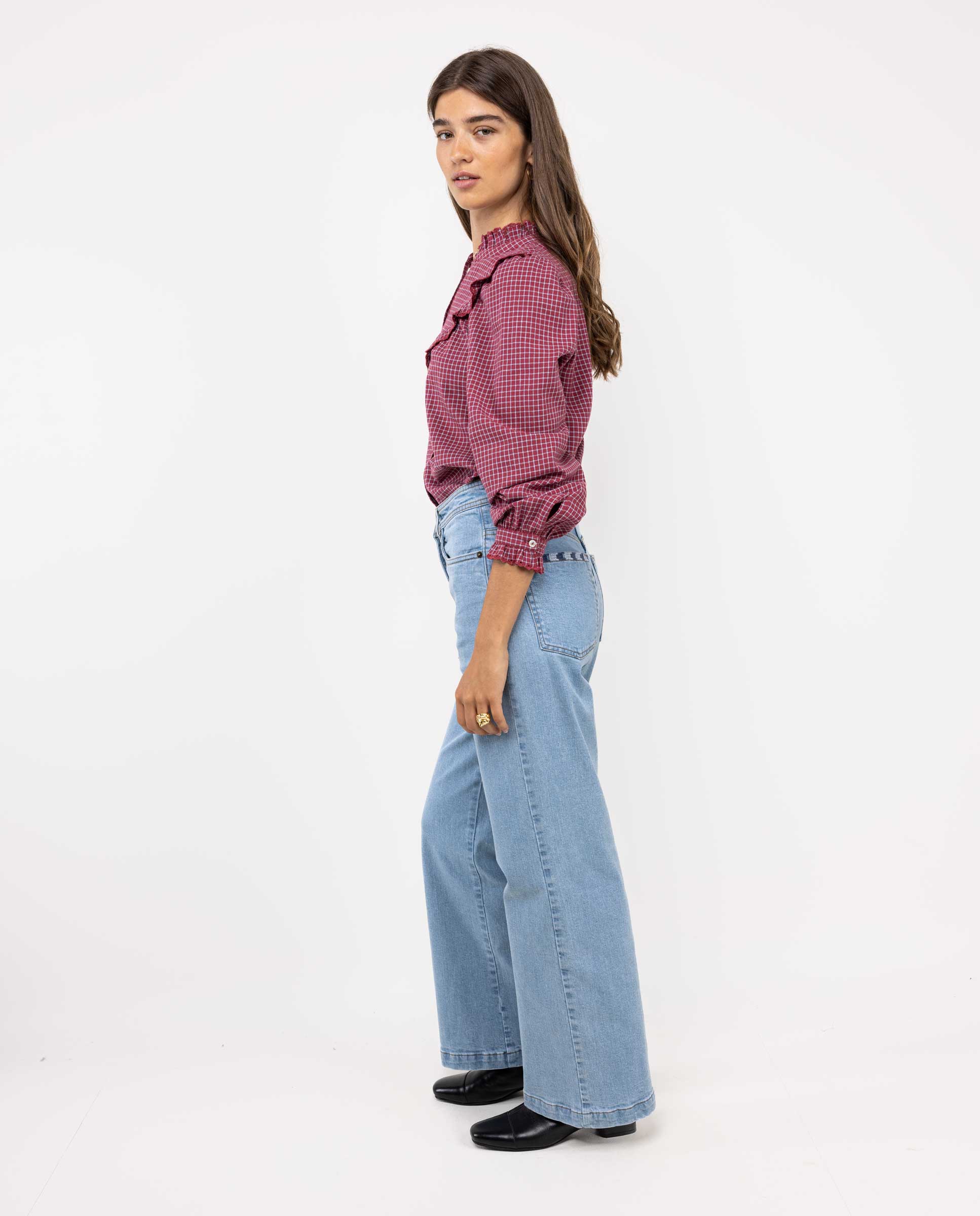 Blusa Volante Cuadros Burdeos