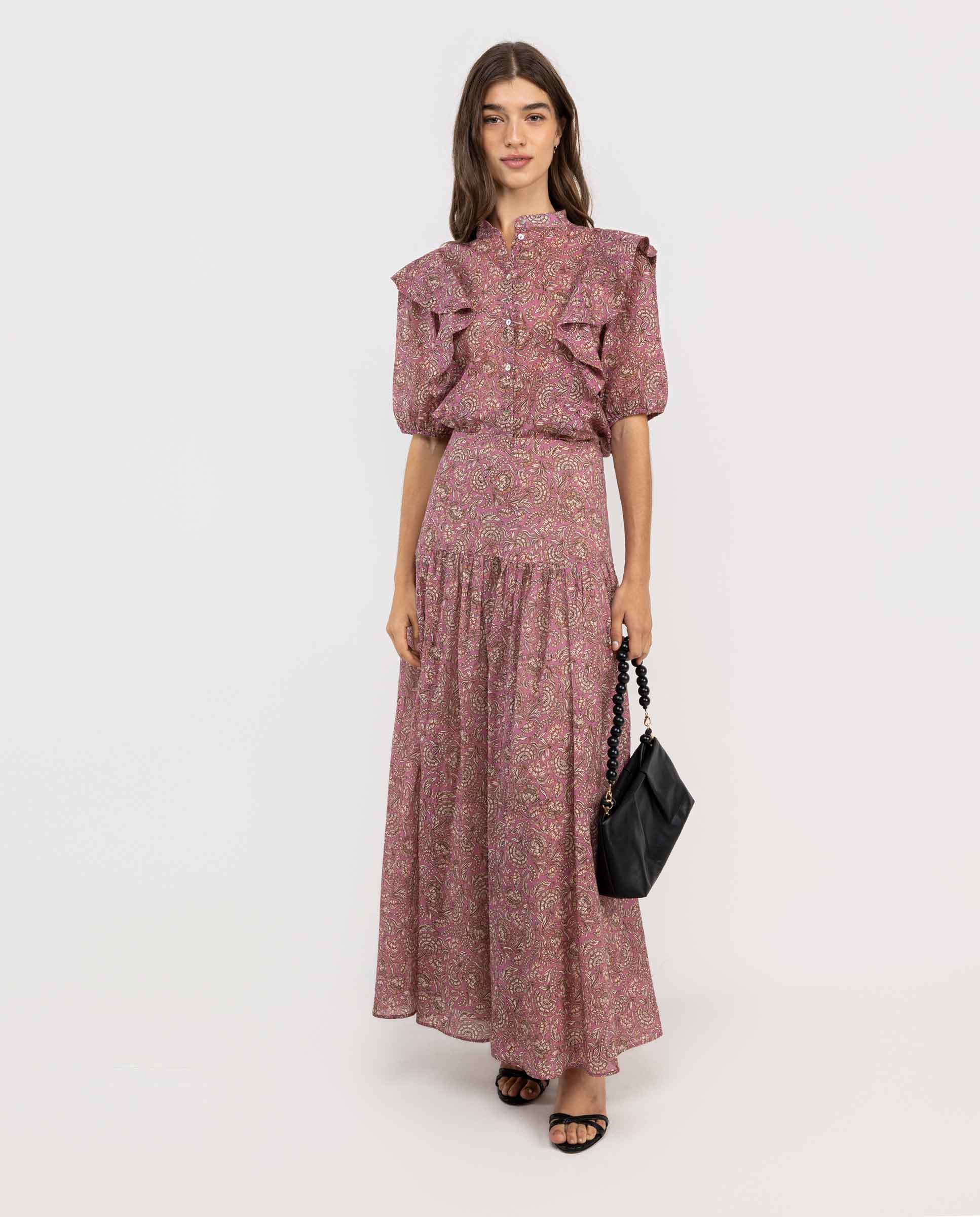 Chemise imprimée à volants rose