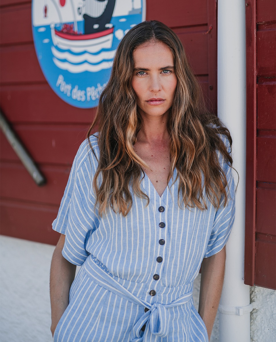 Mono Camisero Lino Raya Azul