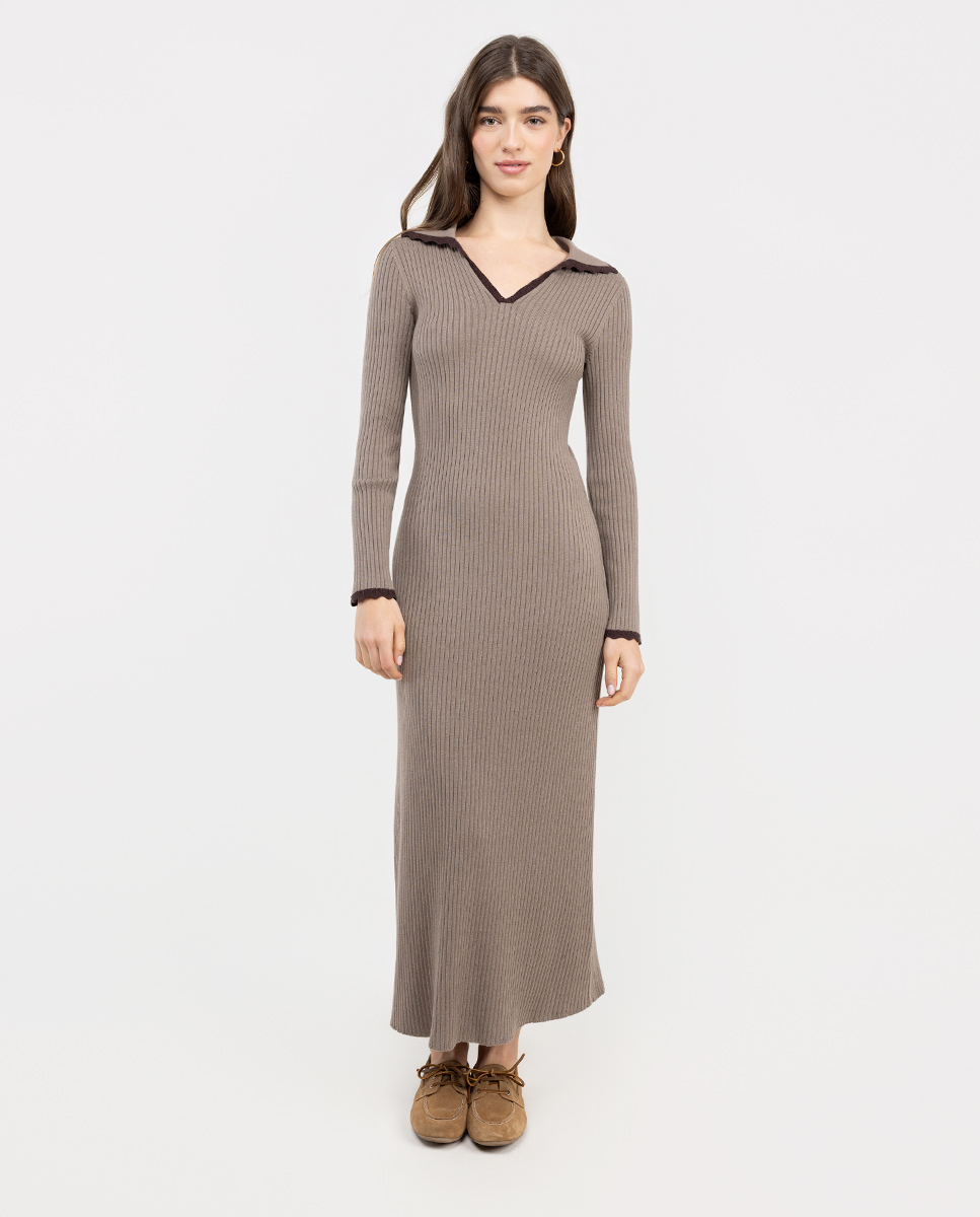 Vestido longo de malha canelada contrastante em toupeira