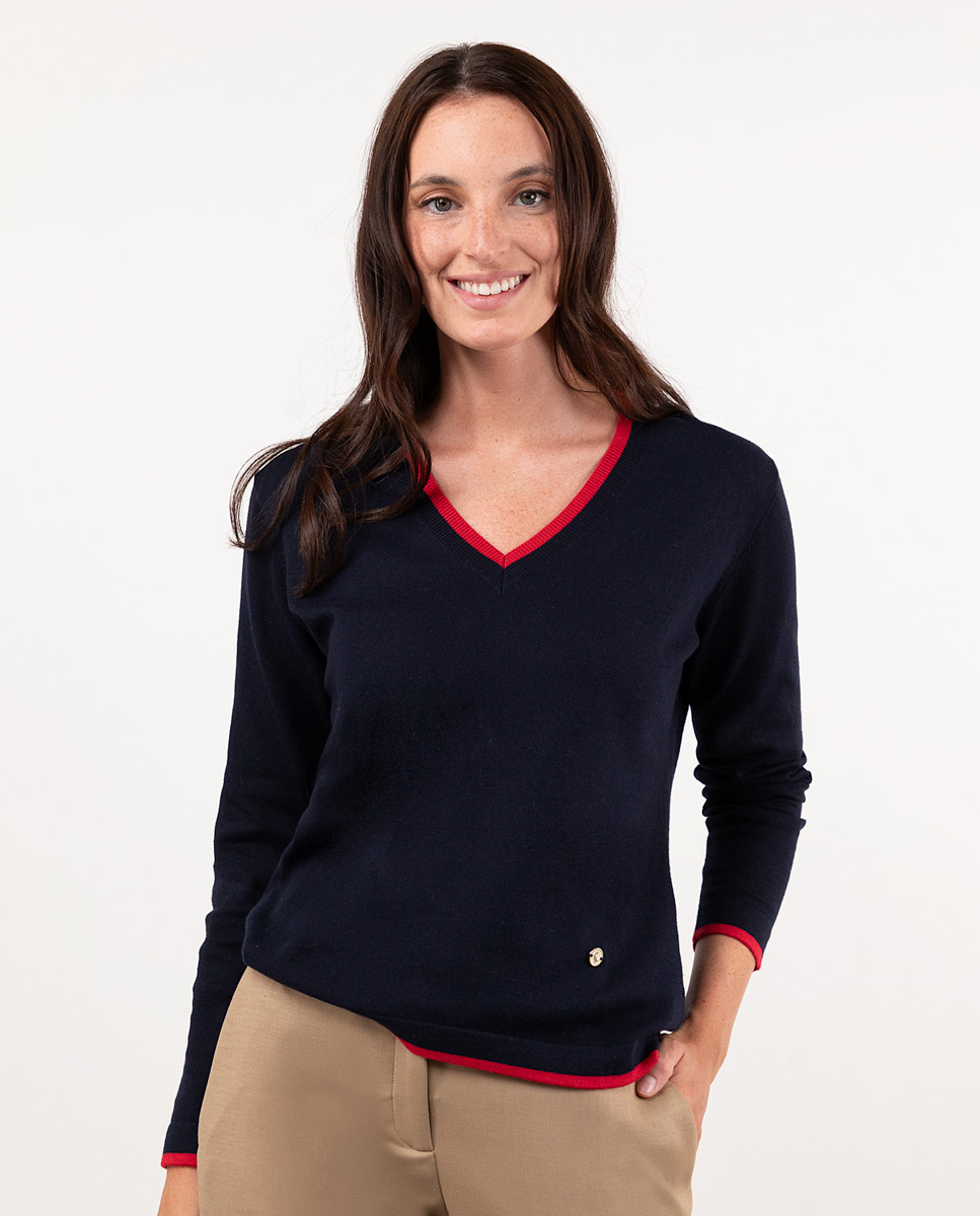 Pull Col V Marine Contraste Rouge