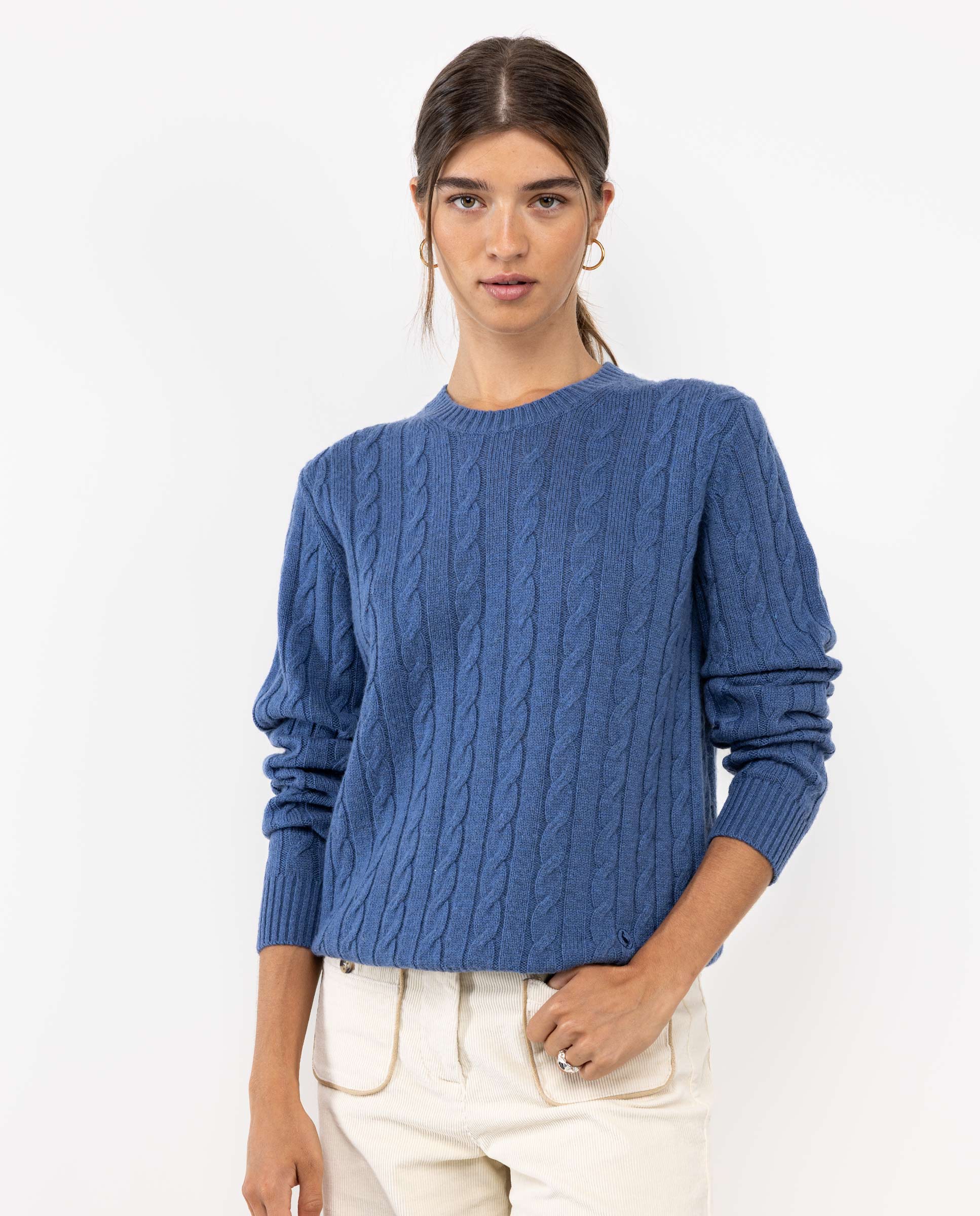 Blue Cable Knit Jumper W Crew Neck