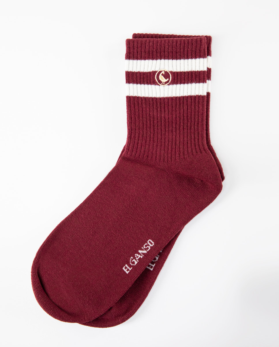 Burgundy Cotton Midi Socks W Stripes