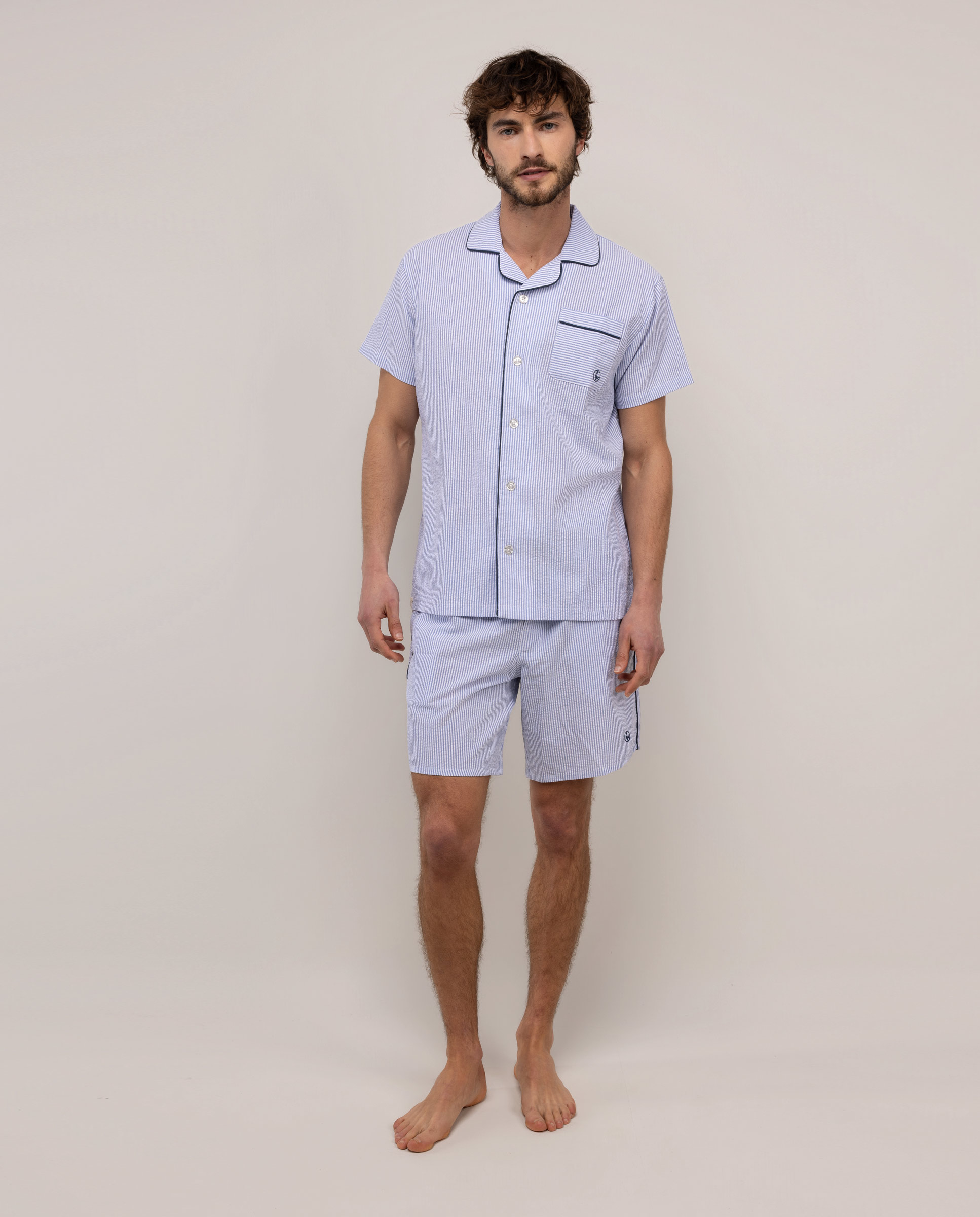 Pijama Verano Seersucker Rayas Azul
