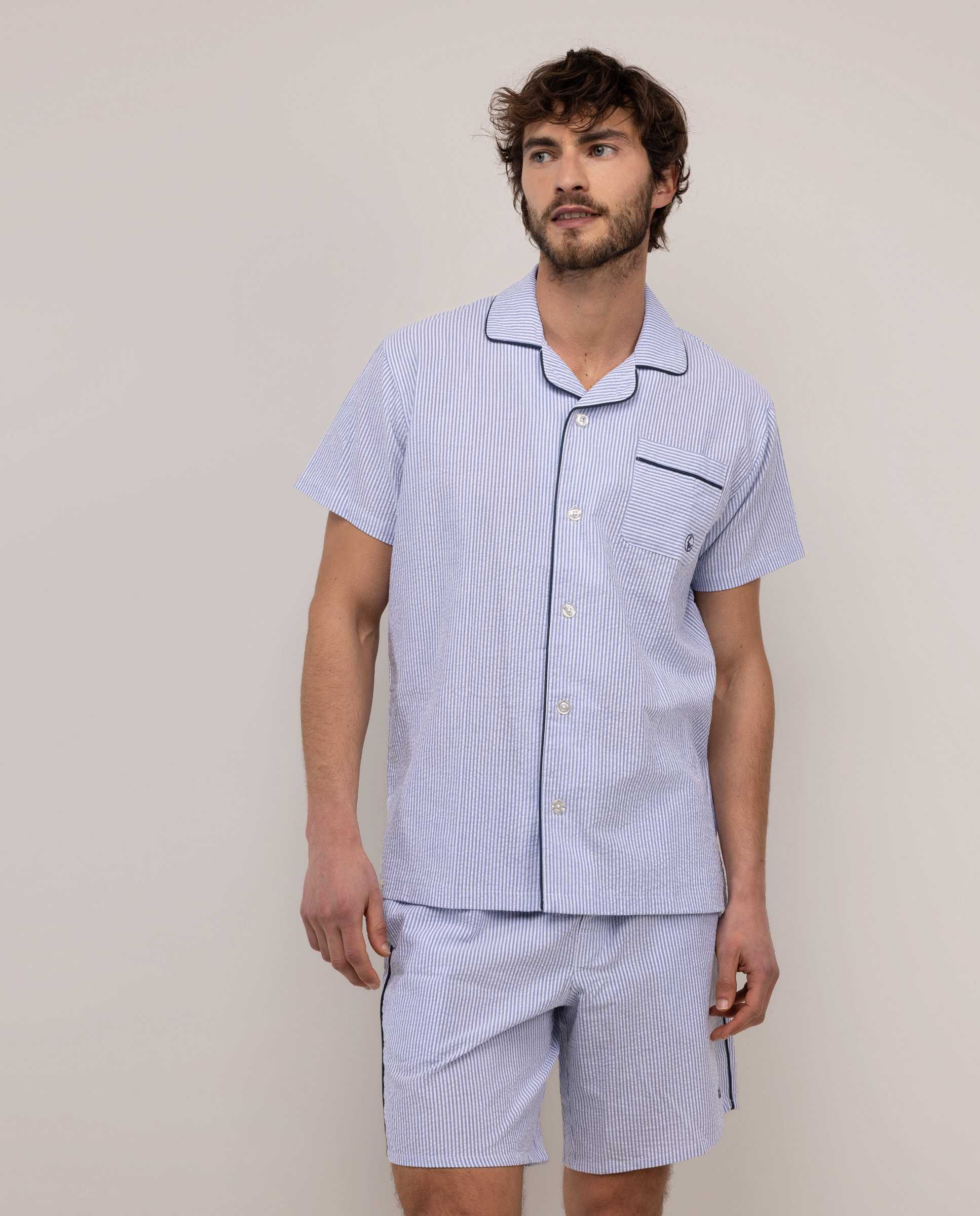 Pijama Verano Seersucker Rayas Azul