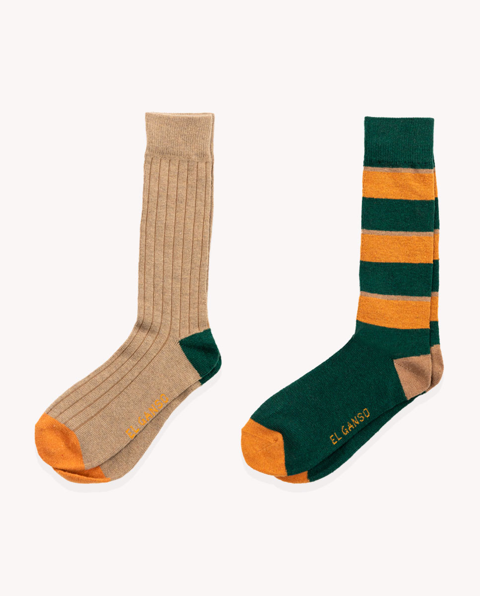 Pack Calcetines Liso Camel + Rayas Naranjas