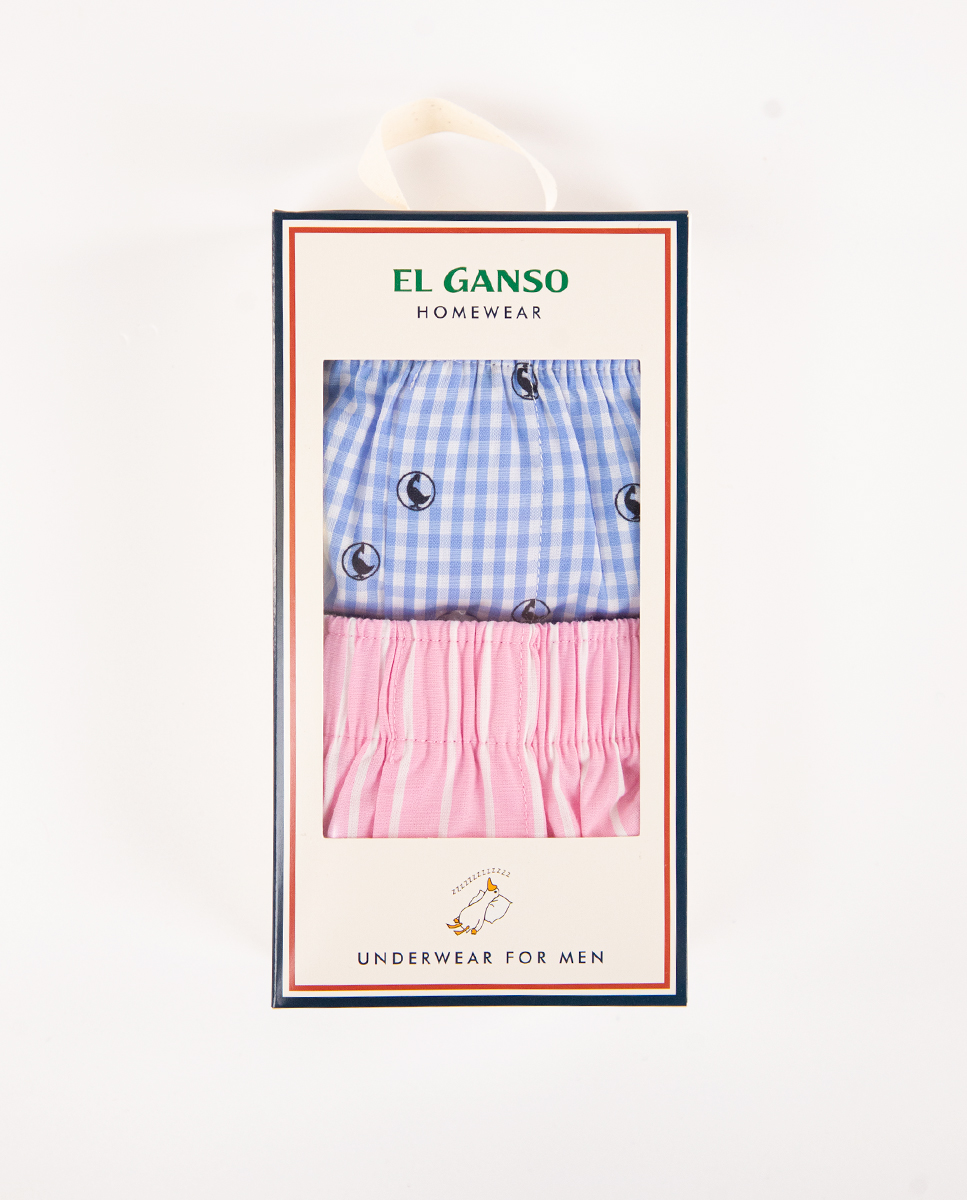 Pack Cuecas Vichy Azul com Gansos com Riscas de Açougueiro Rosa