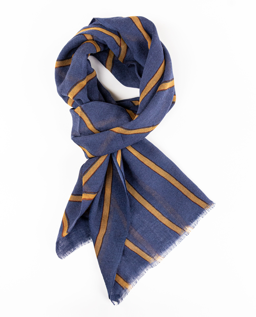 Foulard Laine Bleu Moutarde Rayures