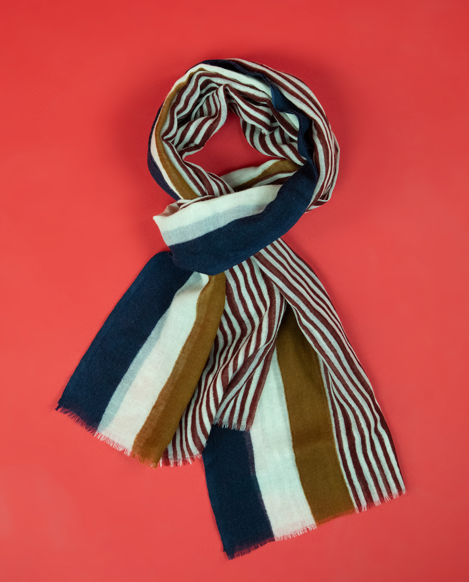 Foulard Laine Rouge Moutarde Rayures