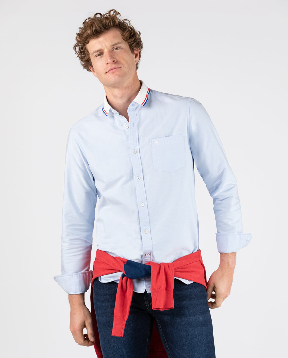 Oxford Shirt Rib Contrast Collar Blue